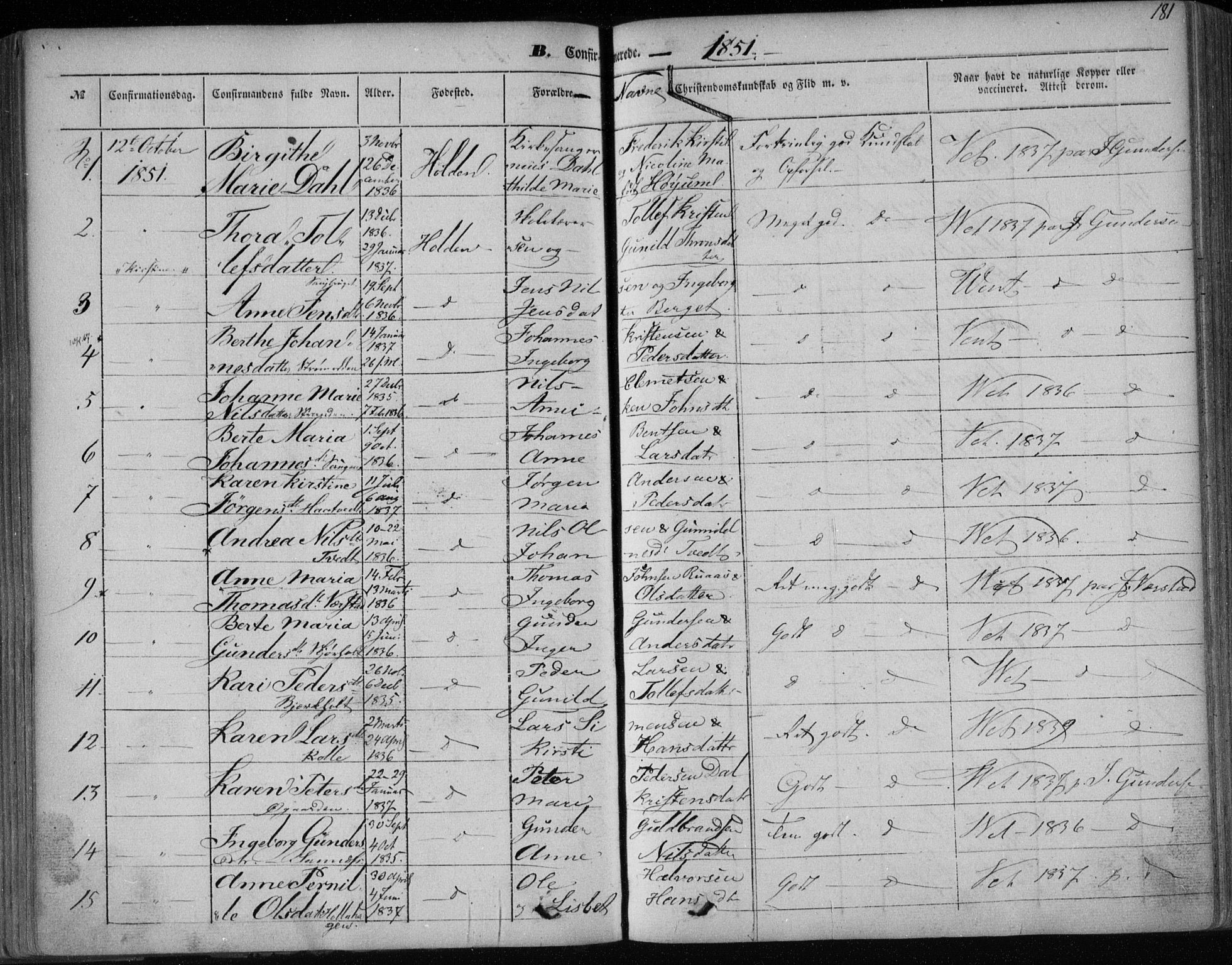 Holla kirkebøker, AV/SAKO-A-272/F/Fa/L0005: Parish register (official) no. 5, 1849-1860, p. 181