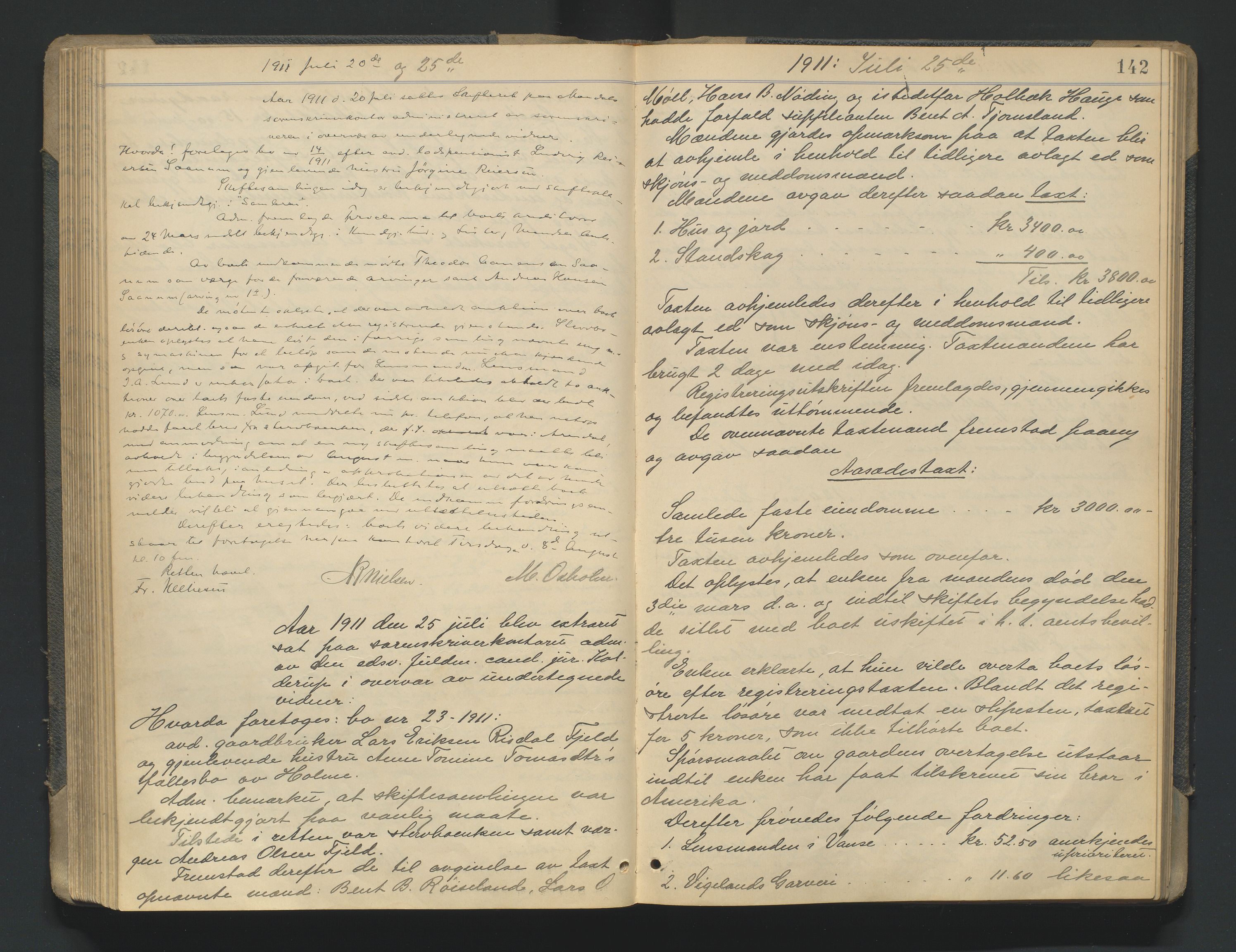 Mandal sorenskriveri, AV/SAK-1221-0005/001/H/Hc/L0081: Skifteforhandlingsprotokoll nr 13, 1909-1913, p. 142