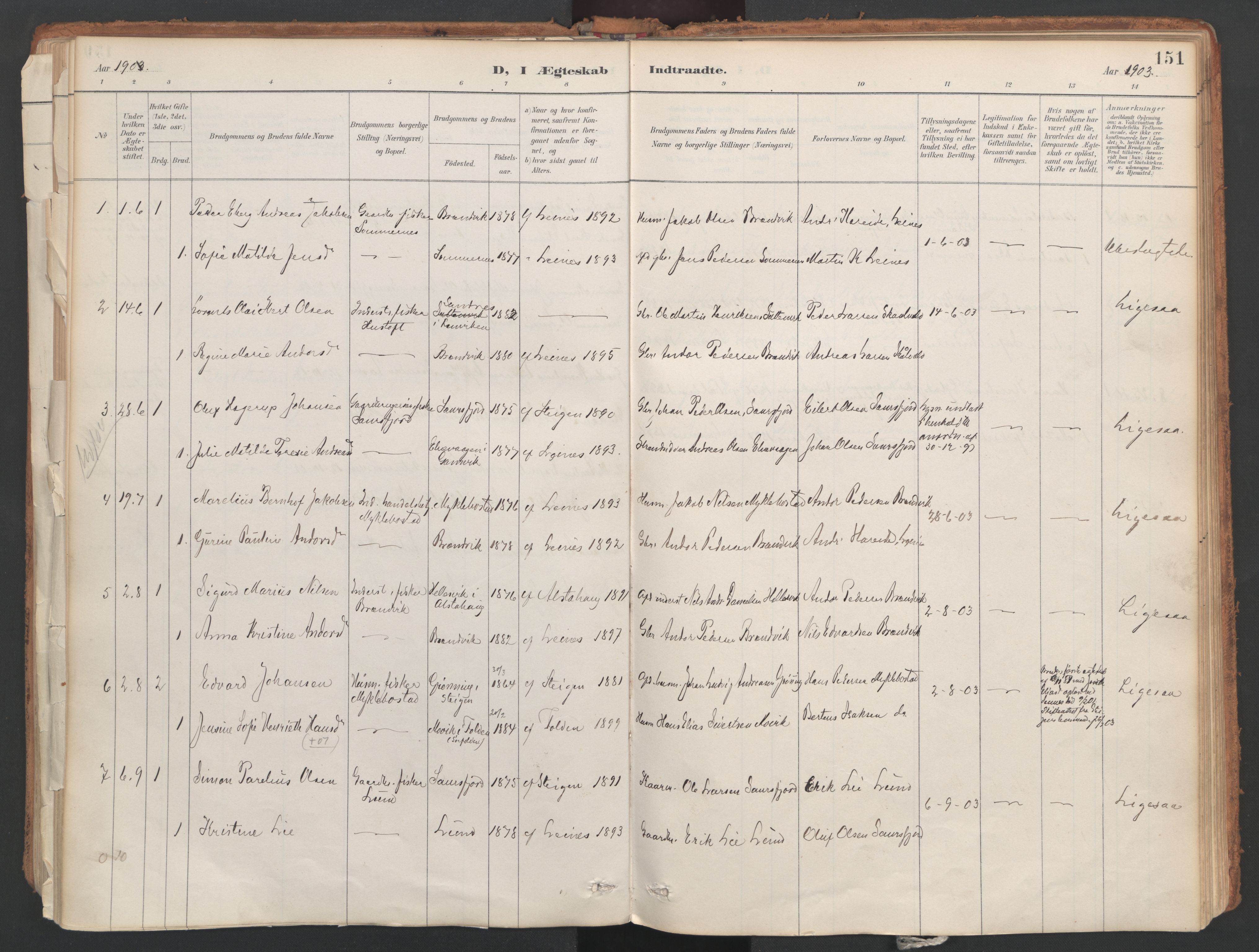 Ministerialprotokoller, klokkerbøker og fødselsregistre - Nordland, AV/SAT-A-1459/857/L0822: Parish register (official) no. 857A02, 1890-1917, p. 151