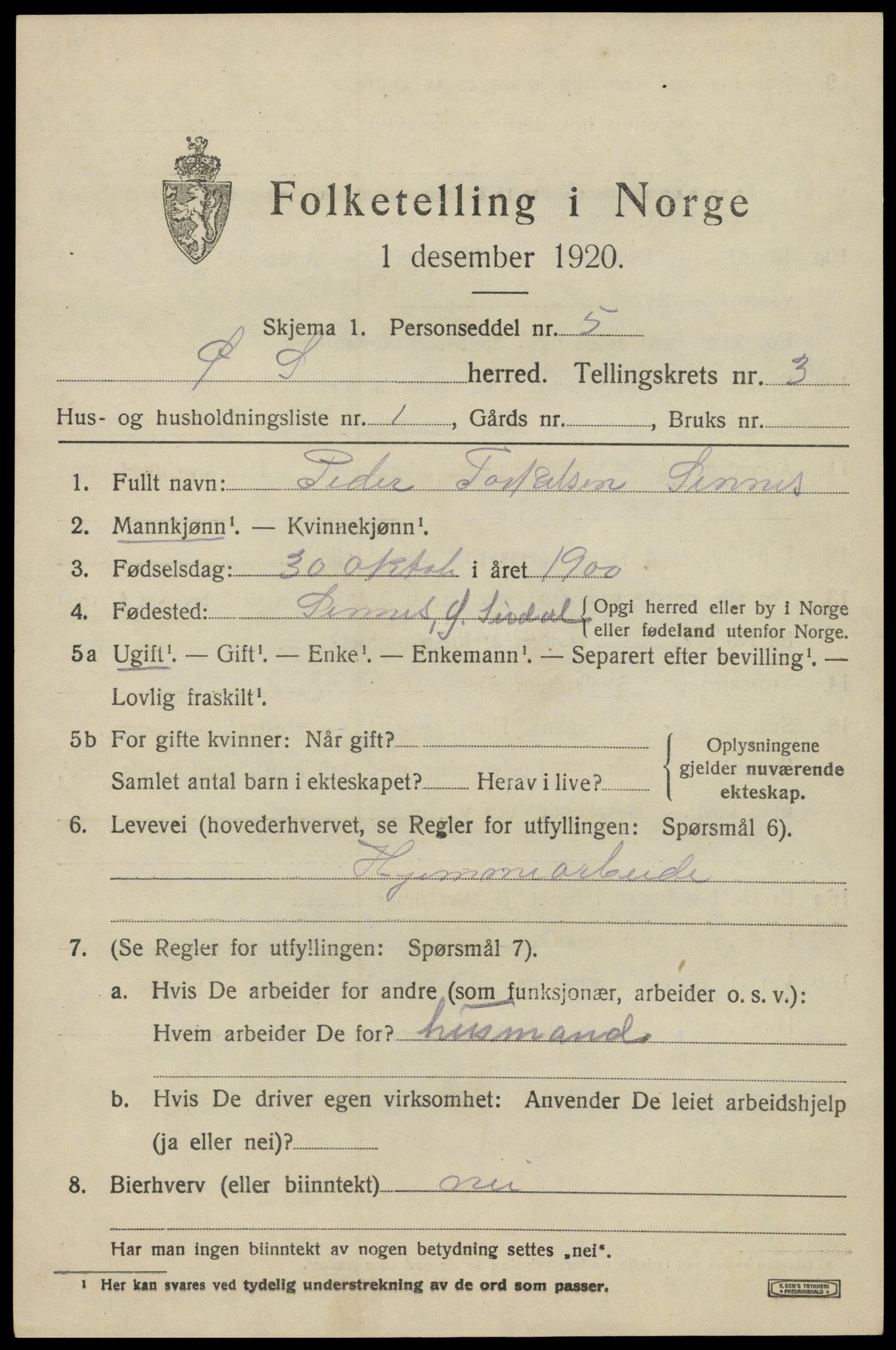 SAK, 1920 census for Øvre Sirdal, 1920, p. 541