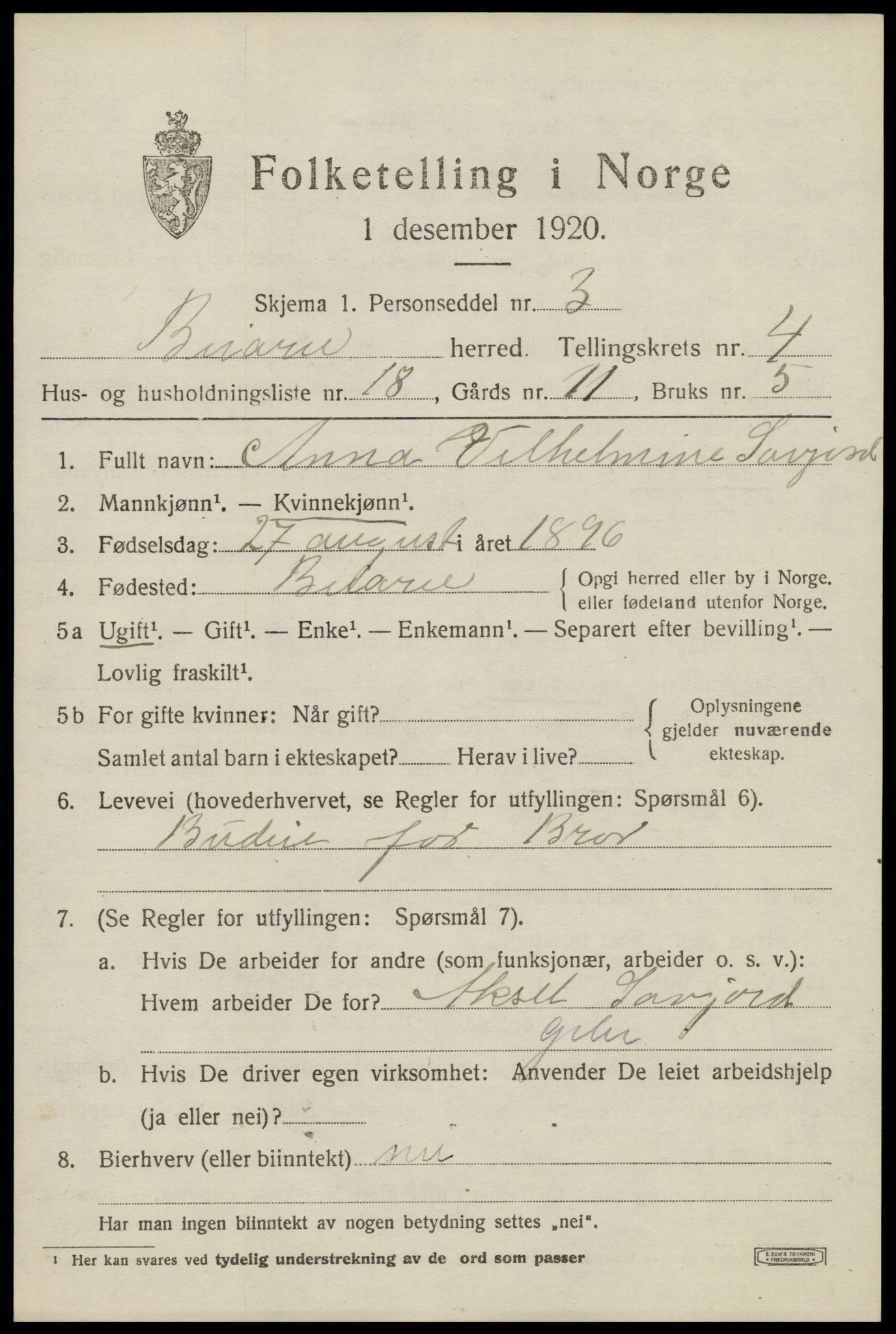 SAT, 1920 census for Beiarn, 1920, p. 1890