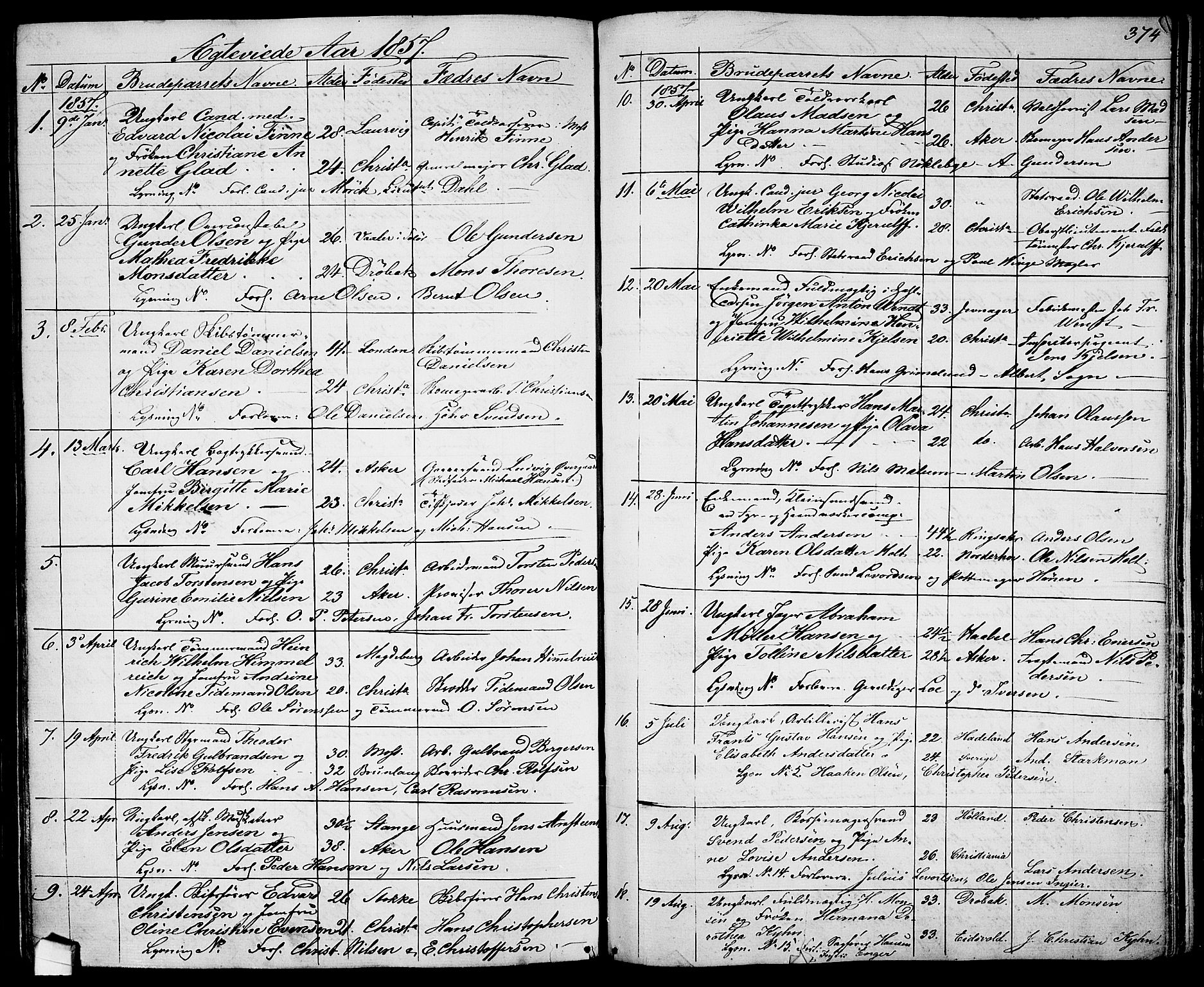 Garnisonsmenigheten Kirkebøker, SAO/A-10846/G/Ga/L0005: Parish register (copy) no. 5, 1841-1860, p. 374