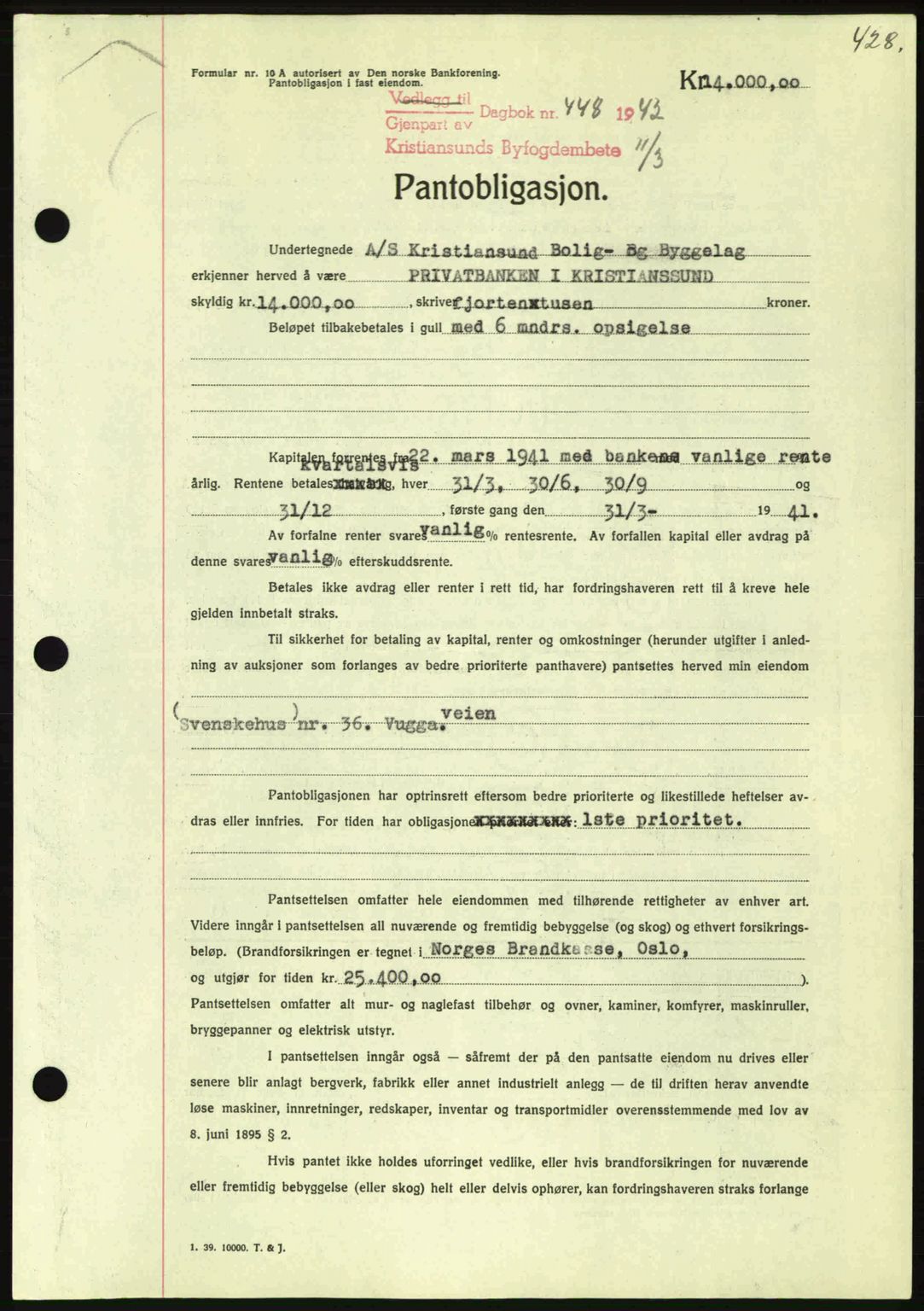 Kristiansund byfogd, AV/SAT-A-4587/A/27: Mortgage book no. 35, 1941-1942, Diary no: : 448/1942