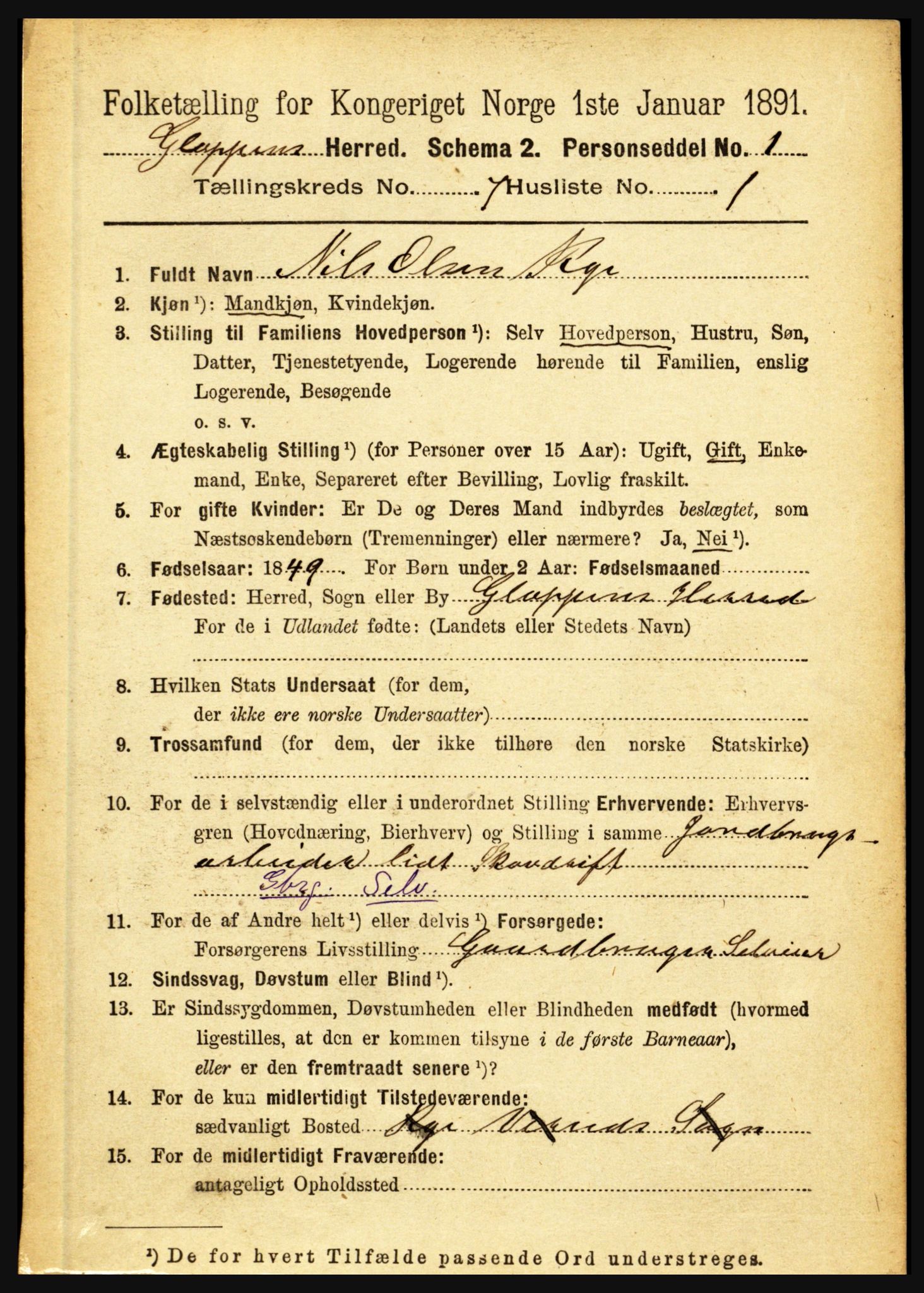 RA, 1891 census for 1445 Gloppen, 1891, p. 2658