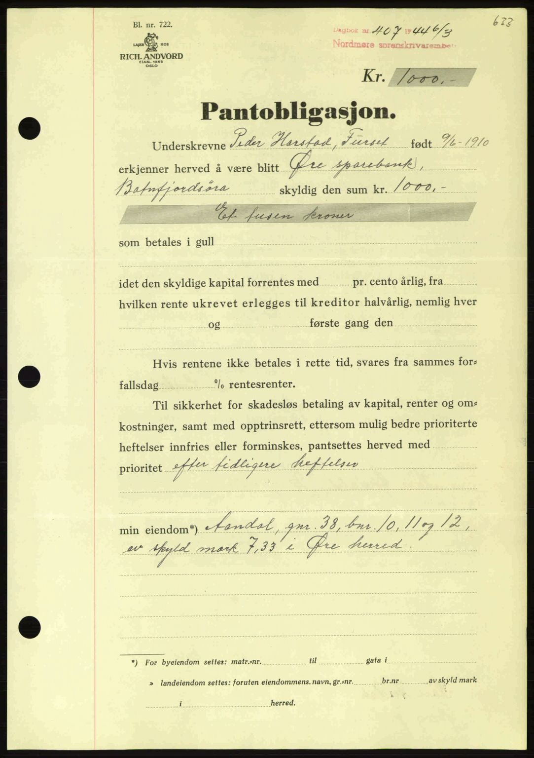 Nordmøre sorenskriveri, AV/SAT-A-4132/1/2/2Ca: Mortgage book no. B91, 1943-1944, Diary no: : 407/1944