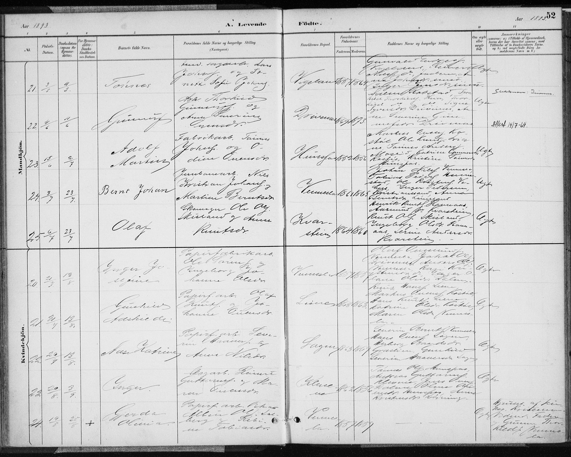 Vennesla sokneprestkontor, AV/SAK-1111-0045/Fa/Fab/L0004: Parish register (official) no. A 4, 1884-1896, p. 52