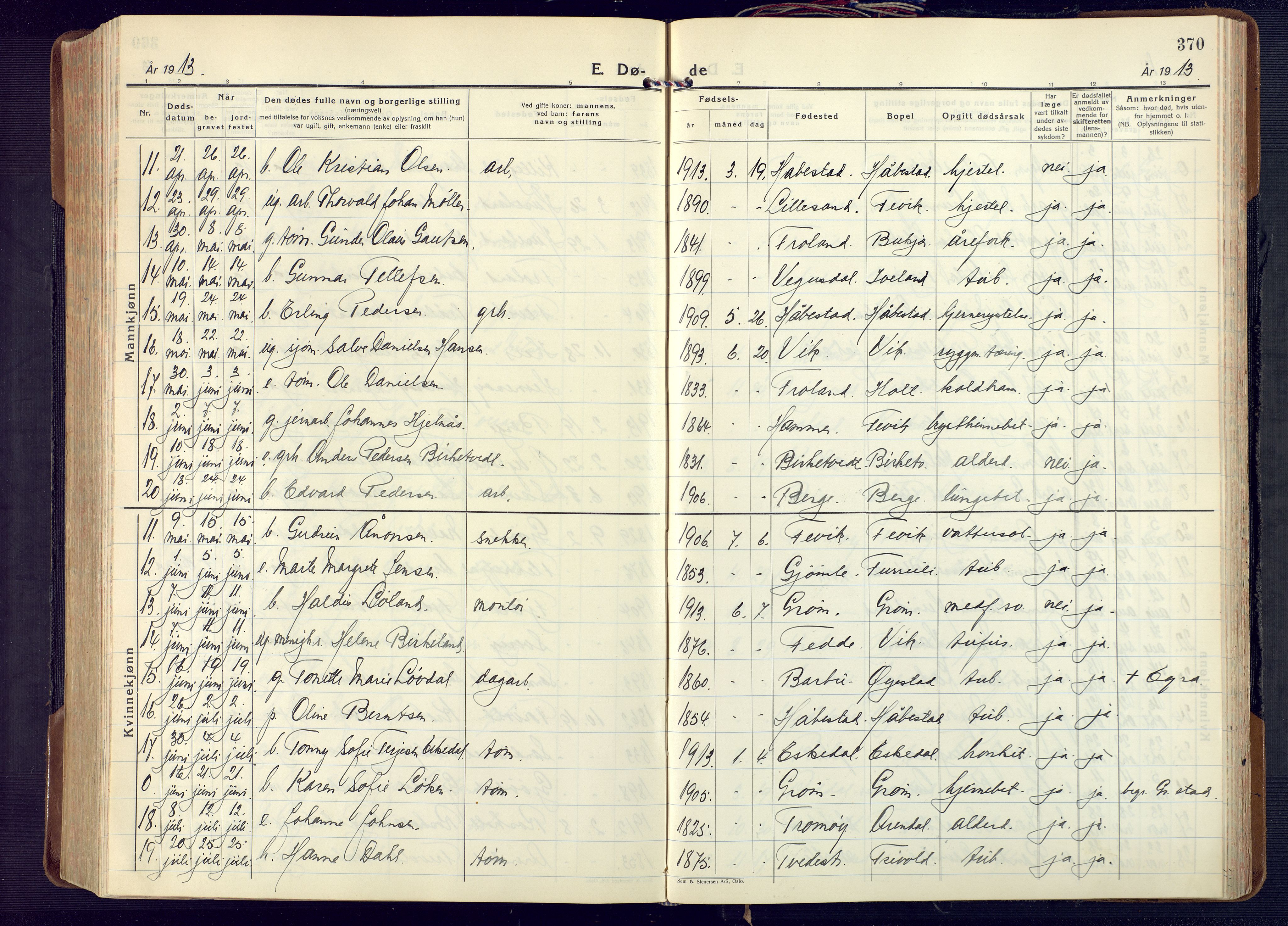 Fjære sokneprestkontor, AV/SAK-1111-0011/F/Fa/L0004: Parish register (official) no. A 4, 1902-1925, p. 370