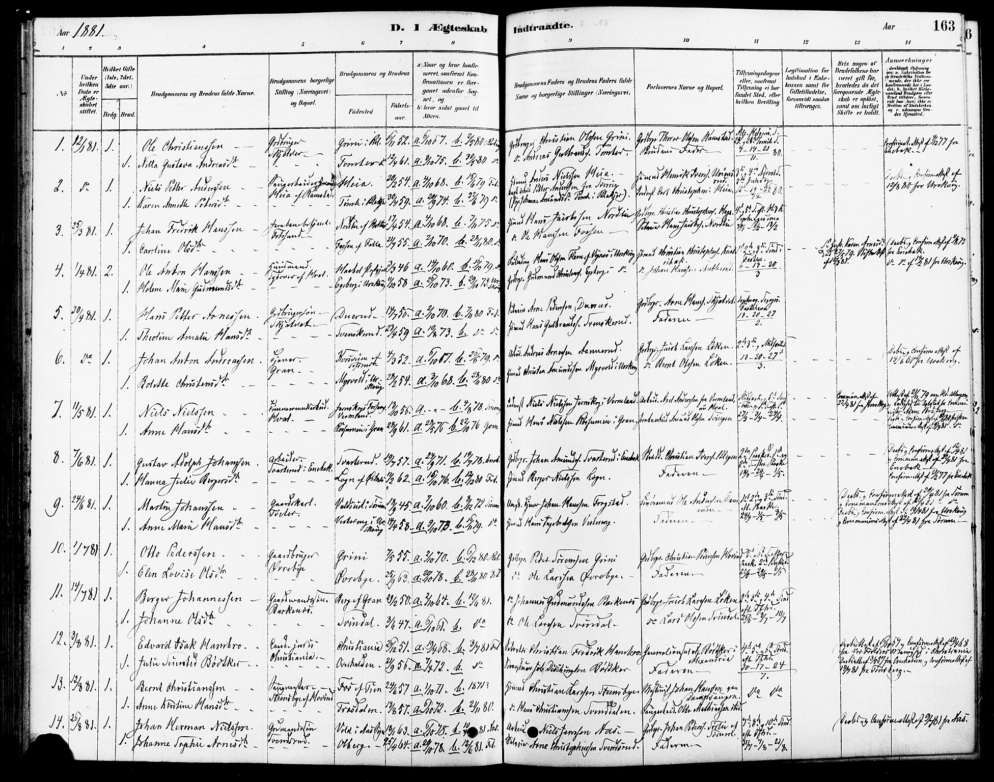 Fet prestekontor Kirkebøker, SAO/A-10370a/F/Fa/L0014: Parish register (official) no. I 14, 1878-1891, p. 163