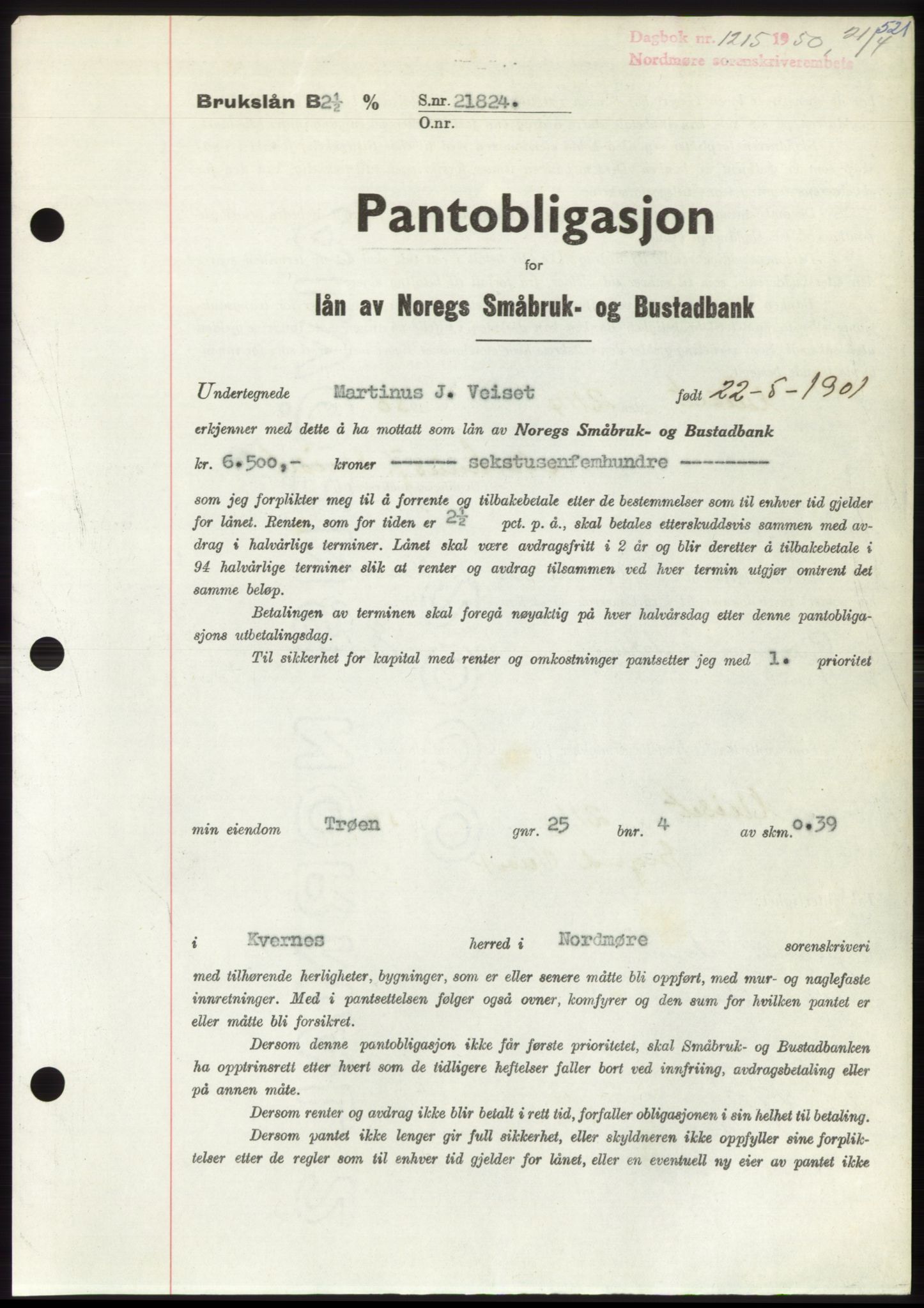 Nordmøre sorenskriveri, AV/SAT-A-4132/1/2/2Ca: Mortgage book no. B104, 1950-1950, Diary no: : 1215/1950