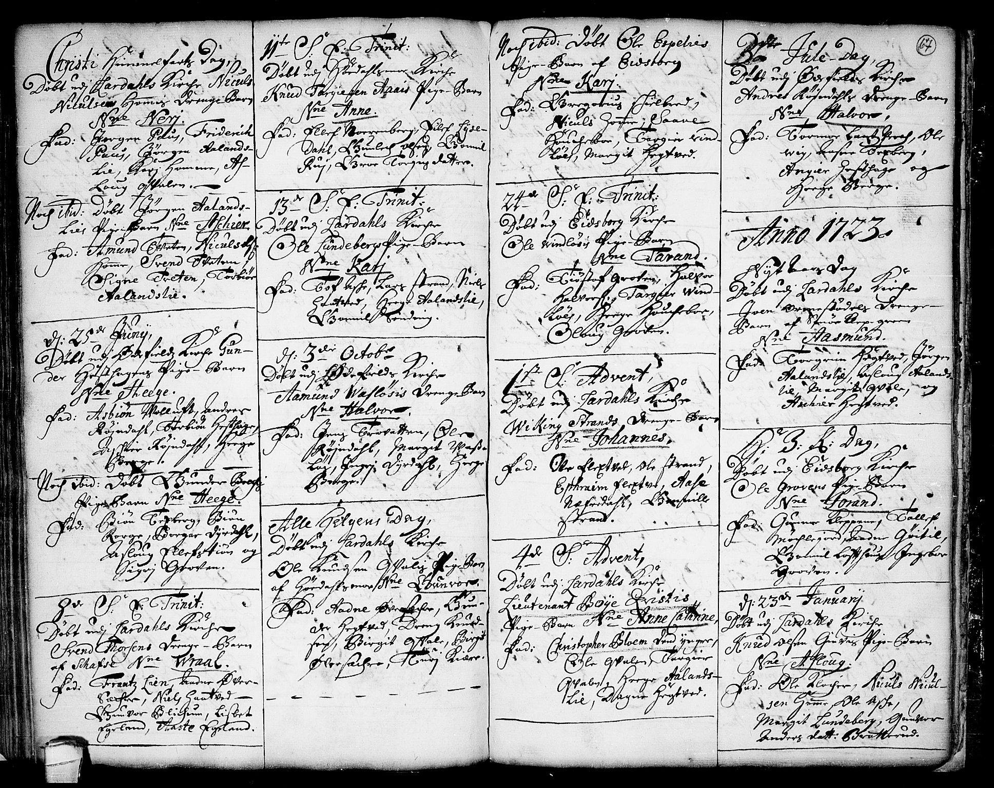 Lårdal kirkebøker, SAKO/A-284/F/Fa/L0001: Parish register (official) no. I 1, 1721-1734, p. 67