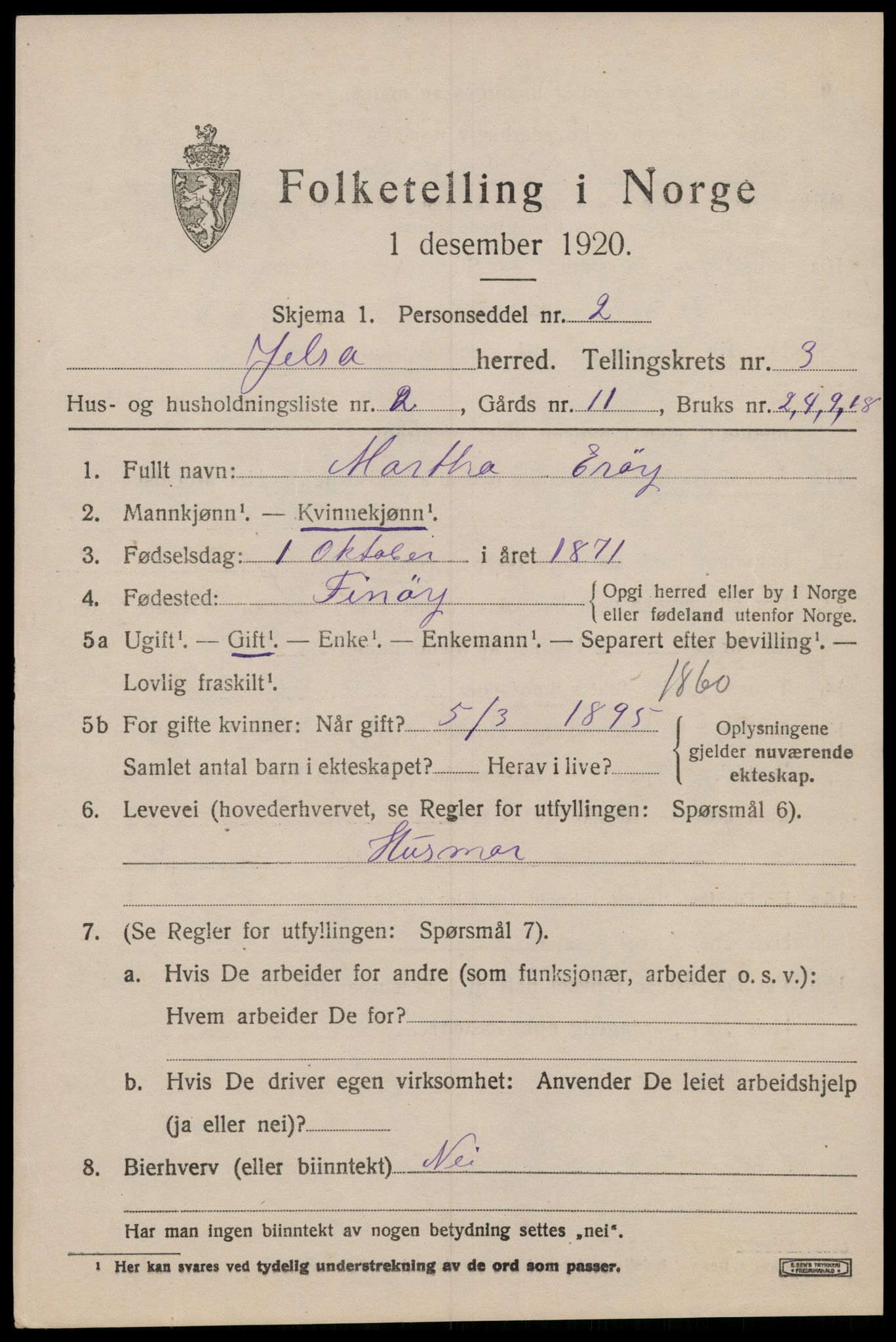 SAST, 1920 census for Jelsa, 1920, p. 960