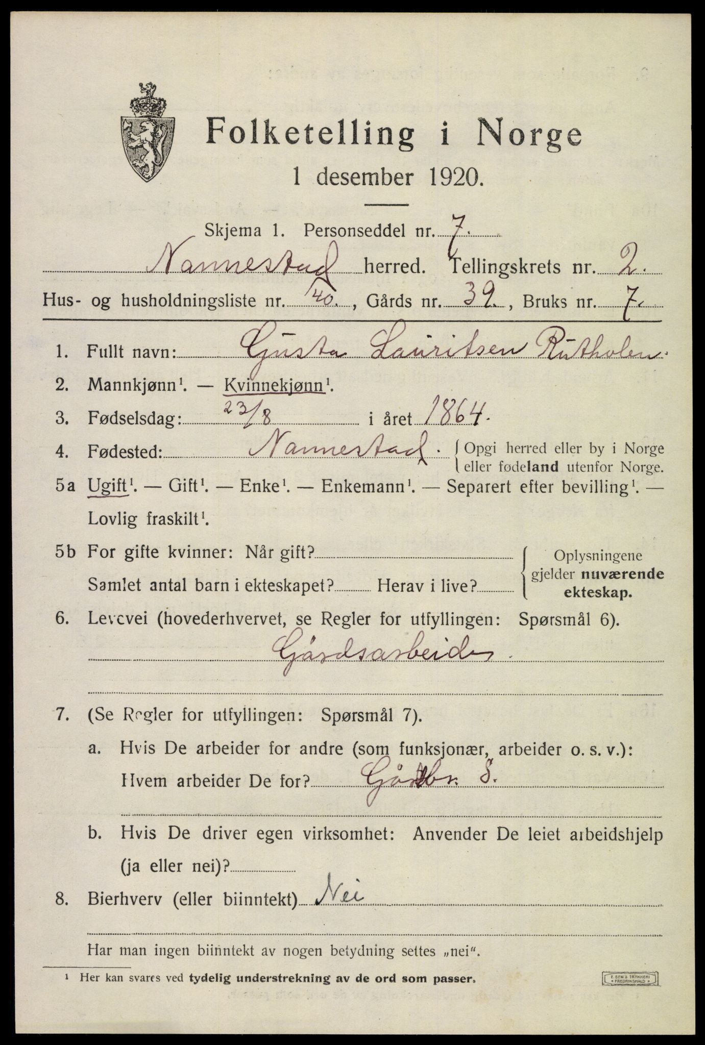 SAO, 1920 census for Nannestad, 1920, p. 3107