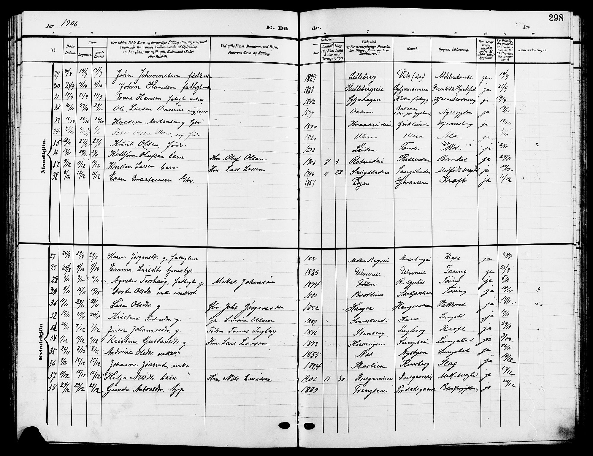 Ringsaker prestekontor, AV/SAH-PREST-014/L/La/L0015: Parish register (copy) no. 15, 1903-1912, p. 298