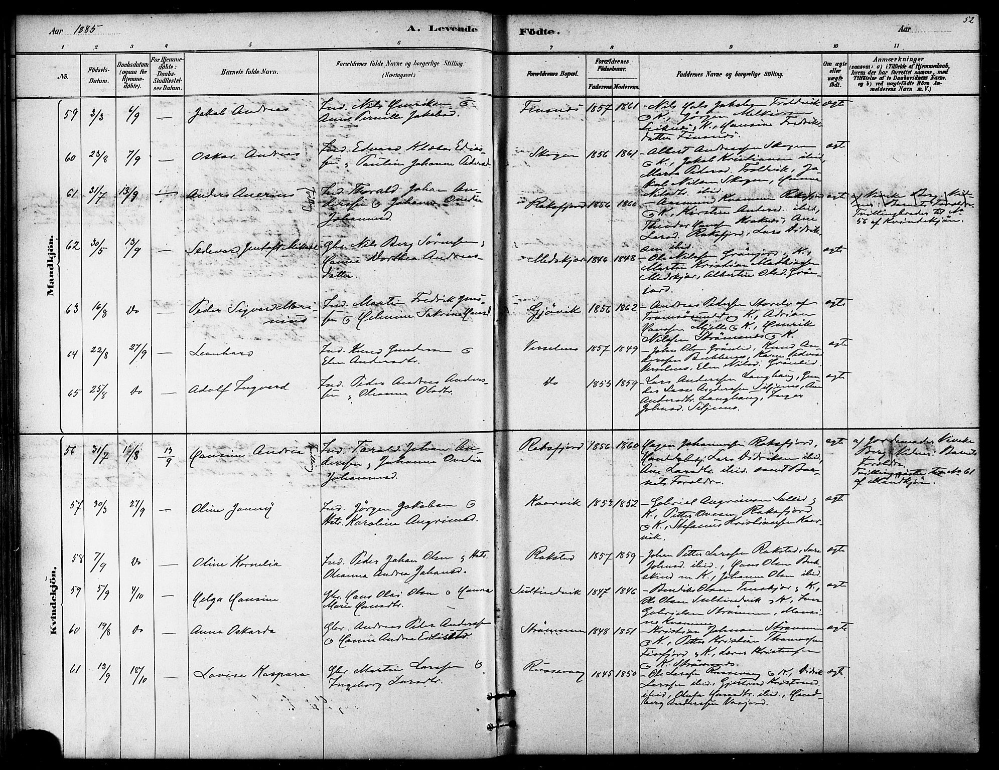 Lenvik sokneprestembete, SATØ/S-1310/H/Ha/Haa/L0011kirke: Parish register (official) no. 11, 1880-1889, p. 52