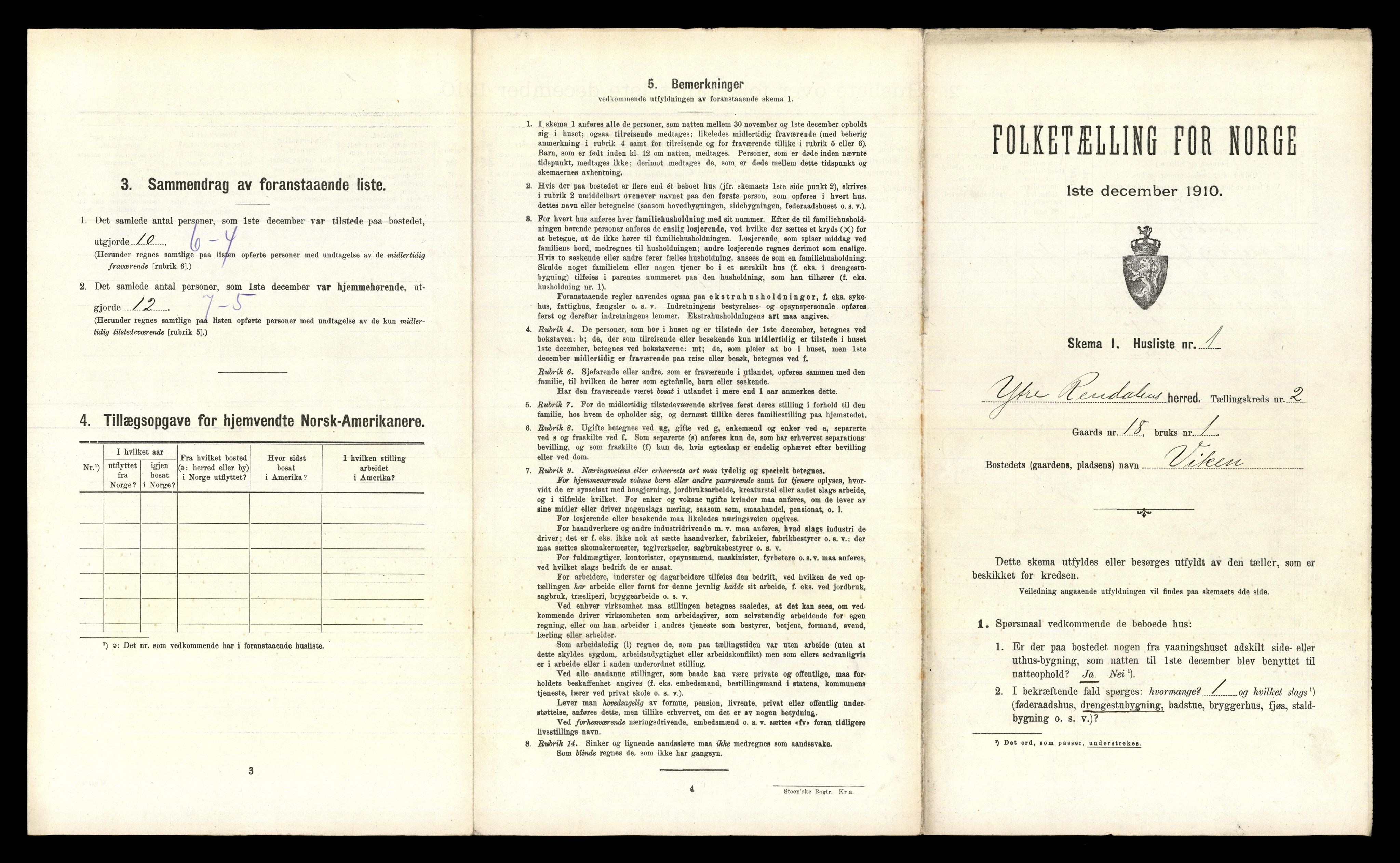 RA, 1910 census for Ytre Rendal, 1910, p. 115