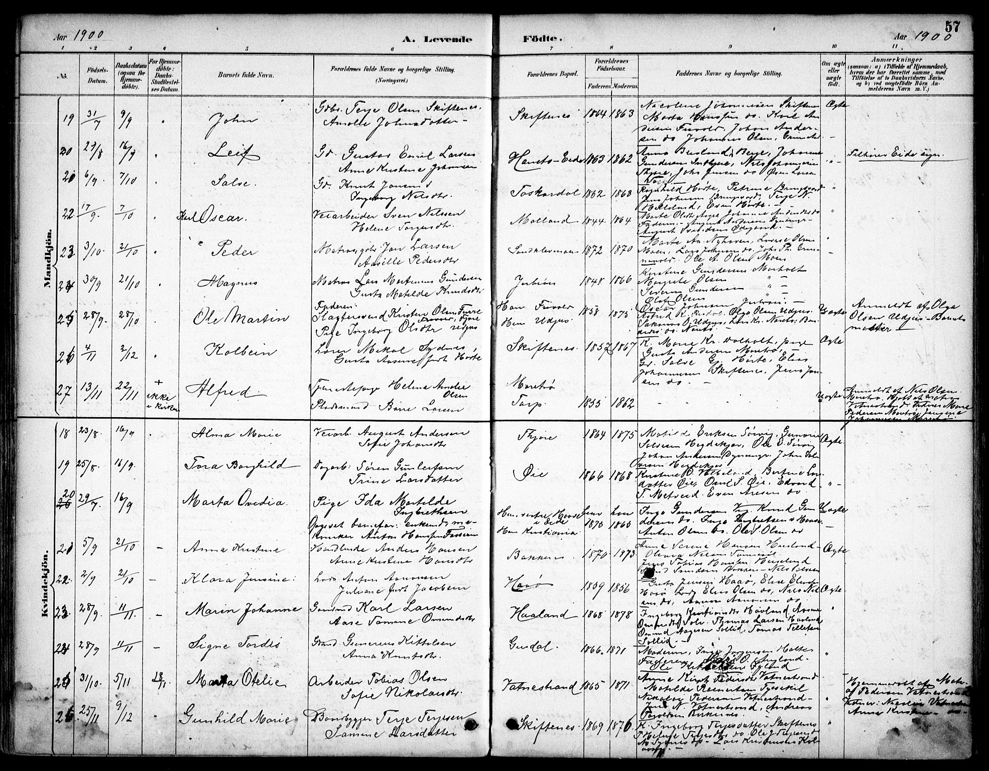 Hommedal sokneprestkontor, SAK/1111-0023/F/Fb/Fbb/L0007: Parish register (copy) no. B 7, 1885-1904, p. 57