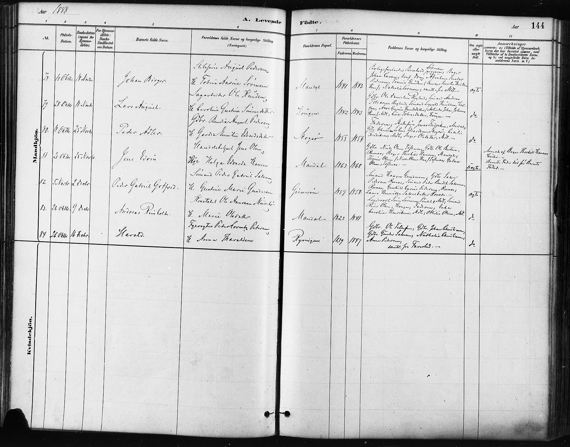 Mandal sokneprestkontor, AV/SAK-1111-0030/F/Fa/Faa/L0016: Parish register (official) no. A 16, 1880-1890, p. 144