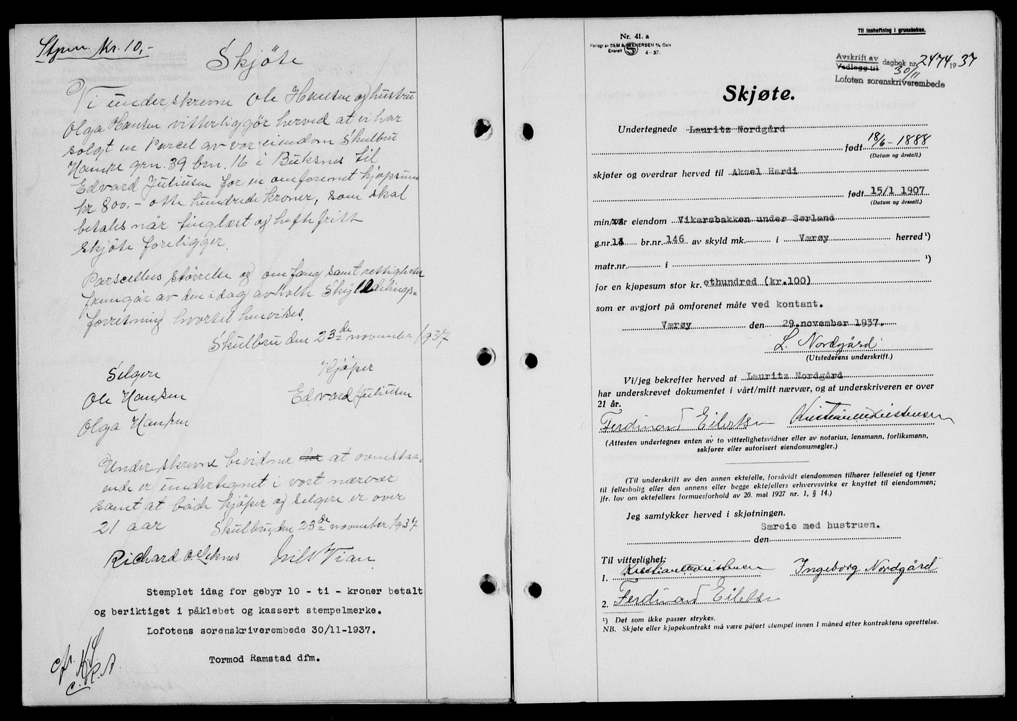 Lofoten sorenskriveri, SAT/A-0017/1/2/2C/L0003a: Mortgage book no. 3a, 1937-1938, Diary no: : 2474/1937