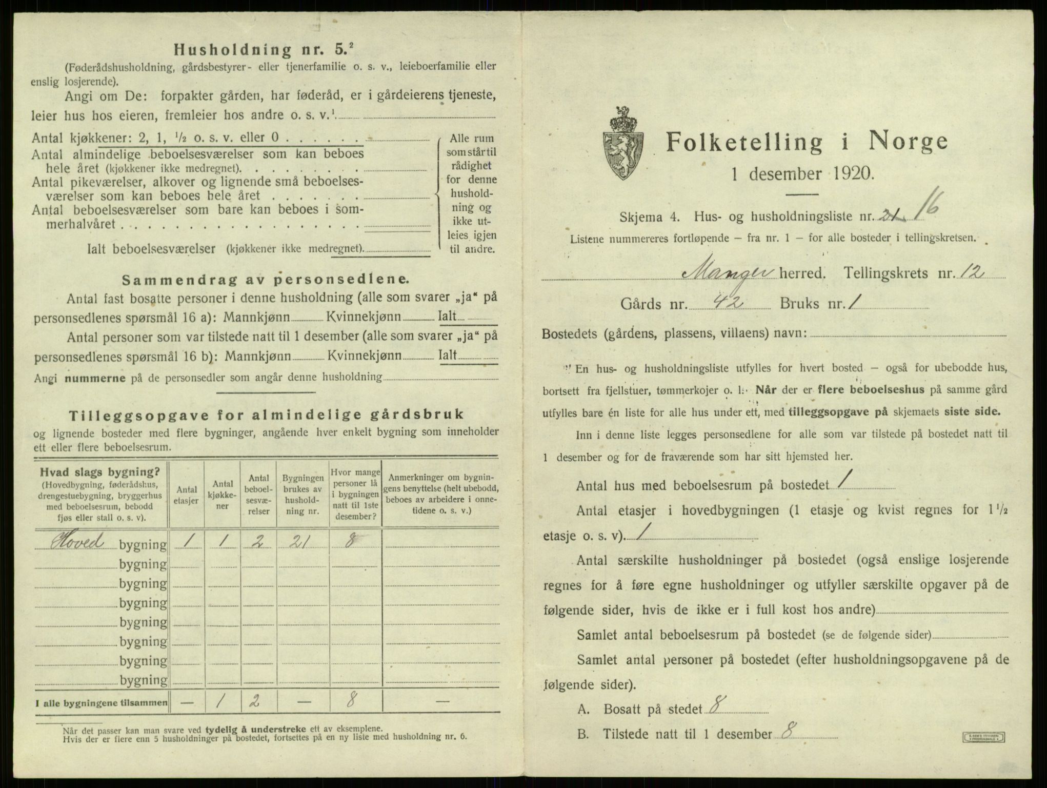 SAB, 1920 census for Manger, 1920, p. 1005