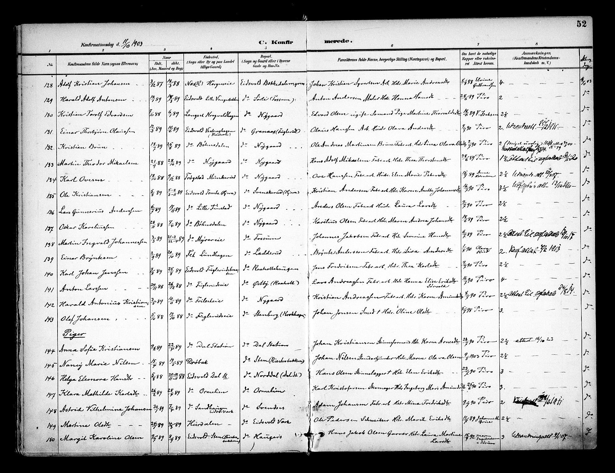 Eidsvoll prestekontor Kirkebøker, AV/SAO-A-10888/F/Fa/L0005: Parish register (official) no. I 5, 1896-1906, p. 52