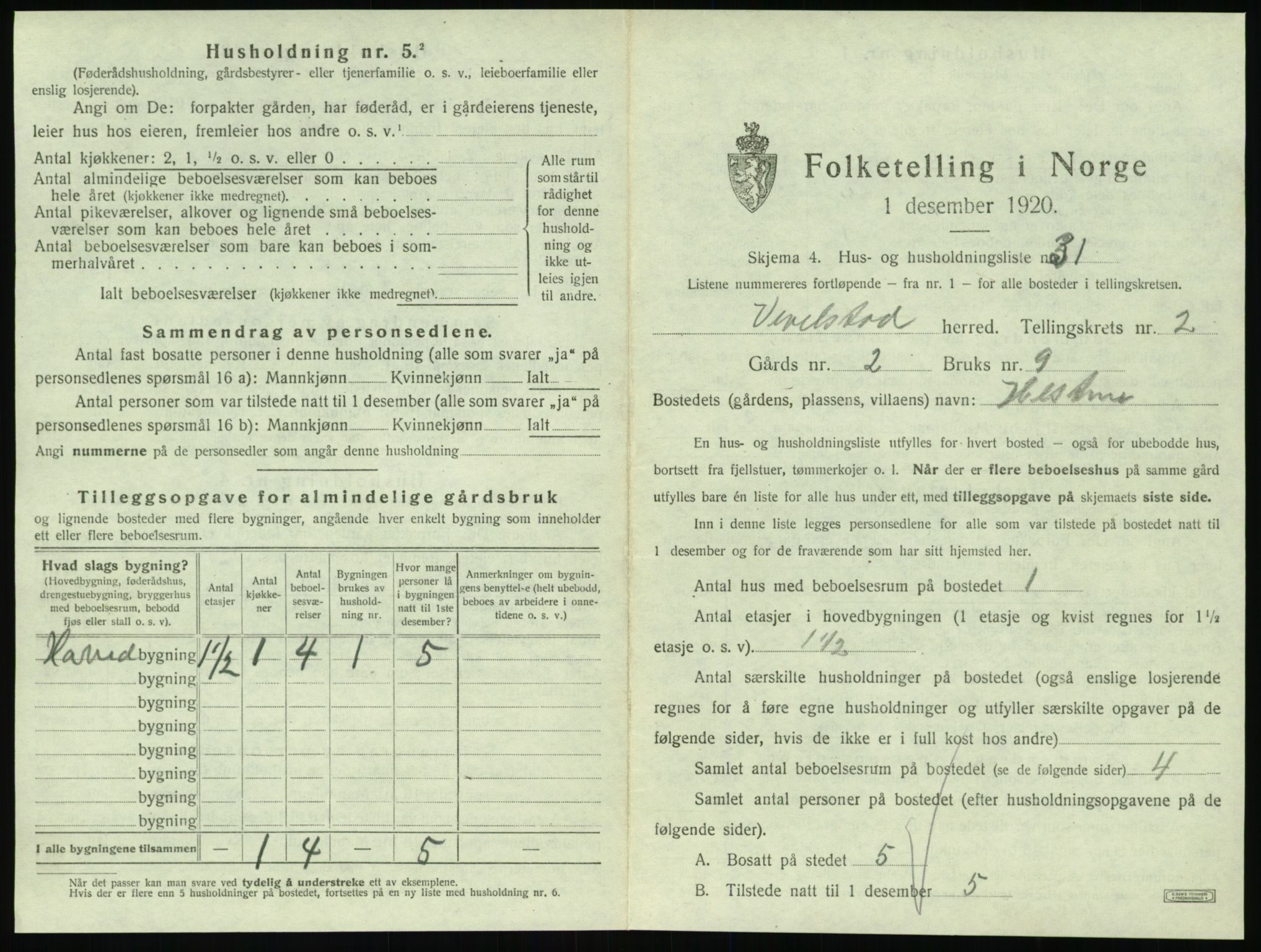 SAT, 1920 census for Vevelstad, 1920, p. 238