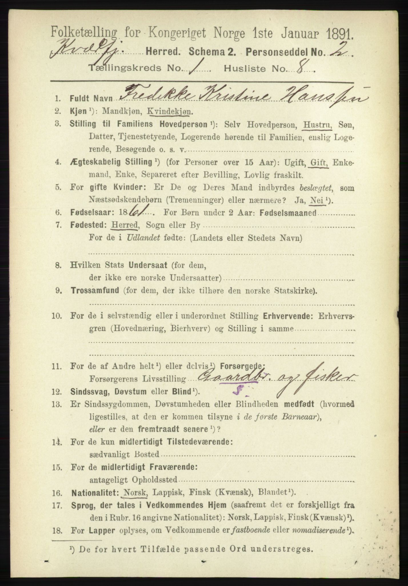 RA, 1891 census for 1911 Kvæfjord, 1891, p. 151