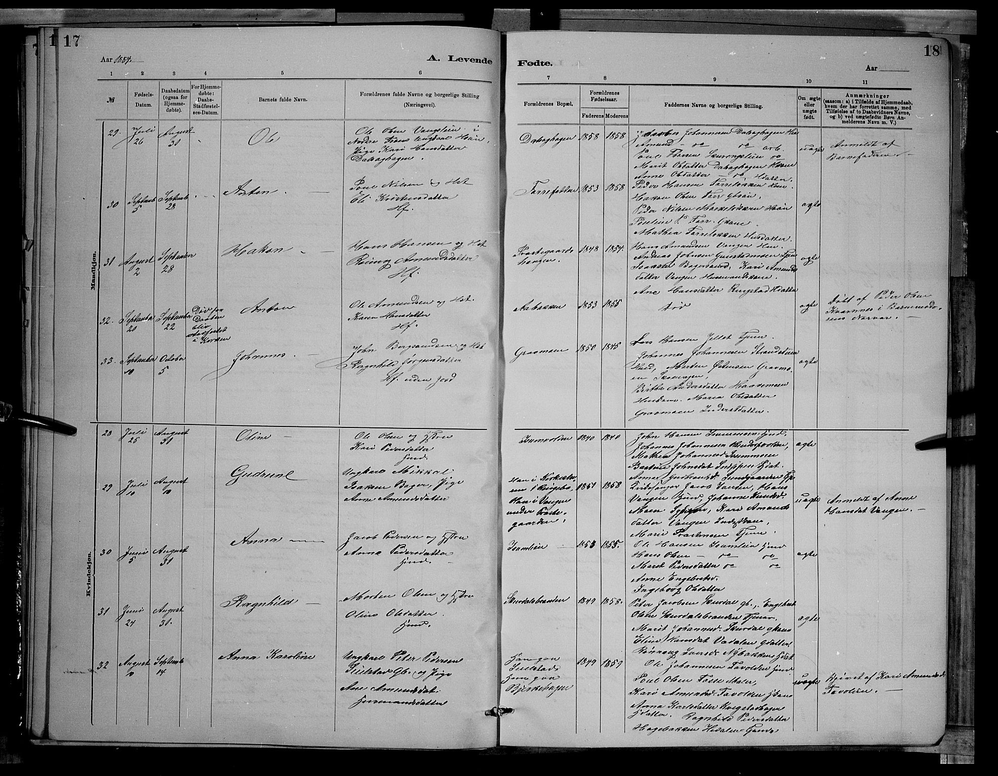 Sør-Fron prestekontor, AV/SAH-PREST-010/H/Ha/Hab/L0003: Parish register (copy) no. 3, 1884-1896, p. 17-18