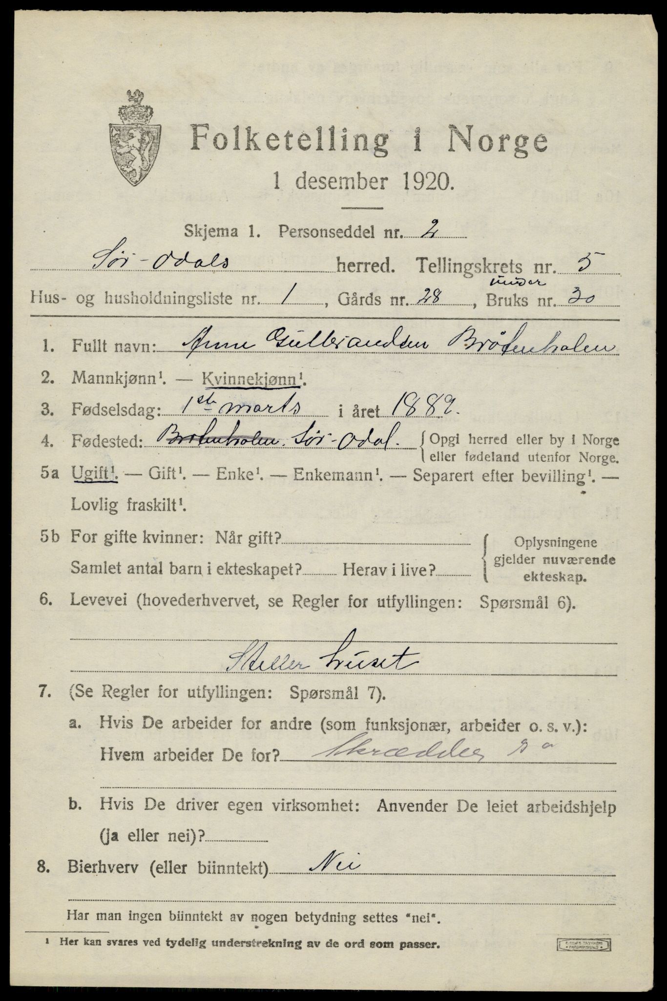 SAH, 1920 census for Sør-Odal, 1920, p. 6059