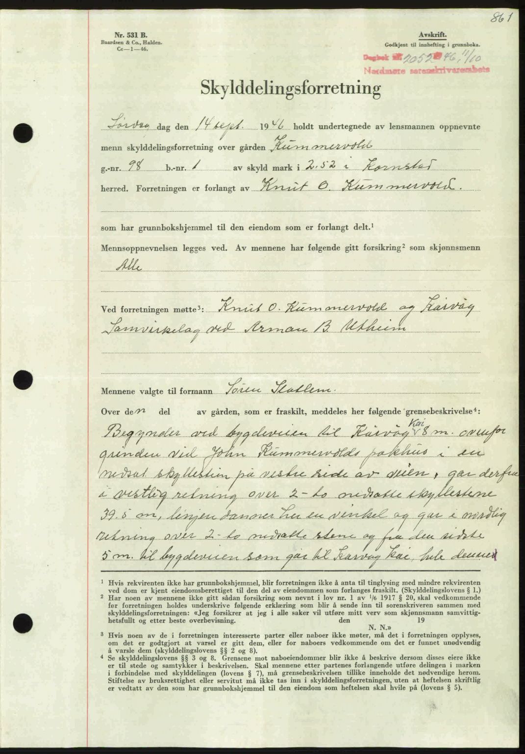 Nordmøre sorenskriveri, AV/SAT-A-4132/1/2/2Ca: Mortgage book no. A102, 1946-1946, Diary no: : 2052/1946