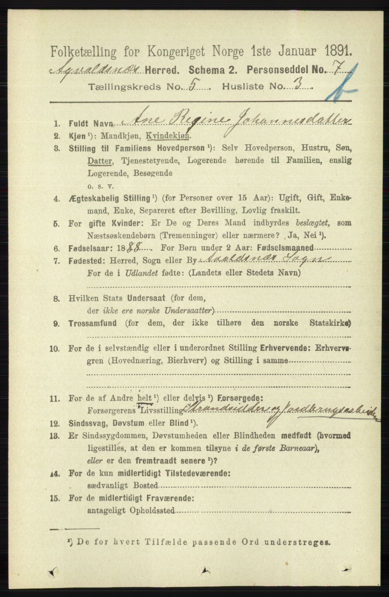 RA, 1891 census for 1147 Avaldsnes, 1891, p. 3036