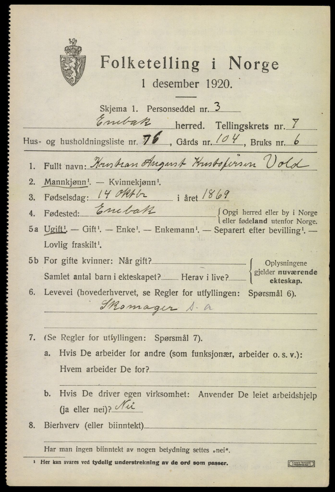 SAO, 1920 census for Enebakk, 1920, p. 6981