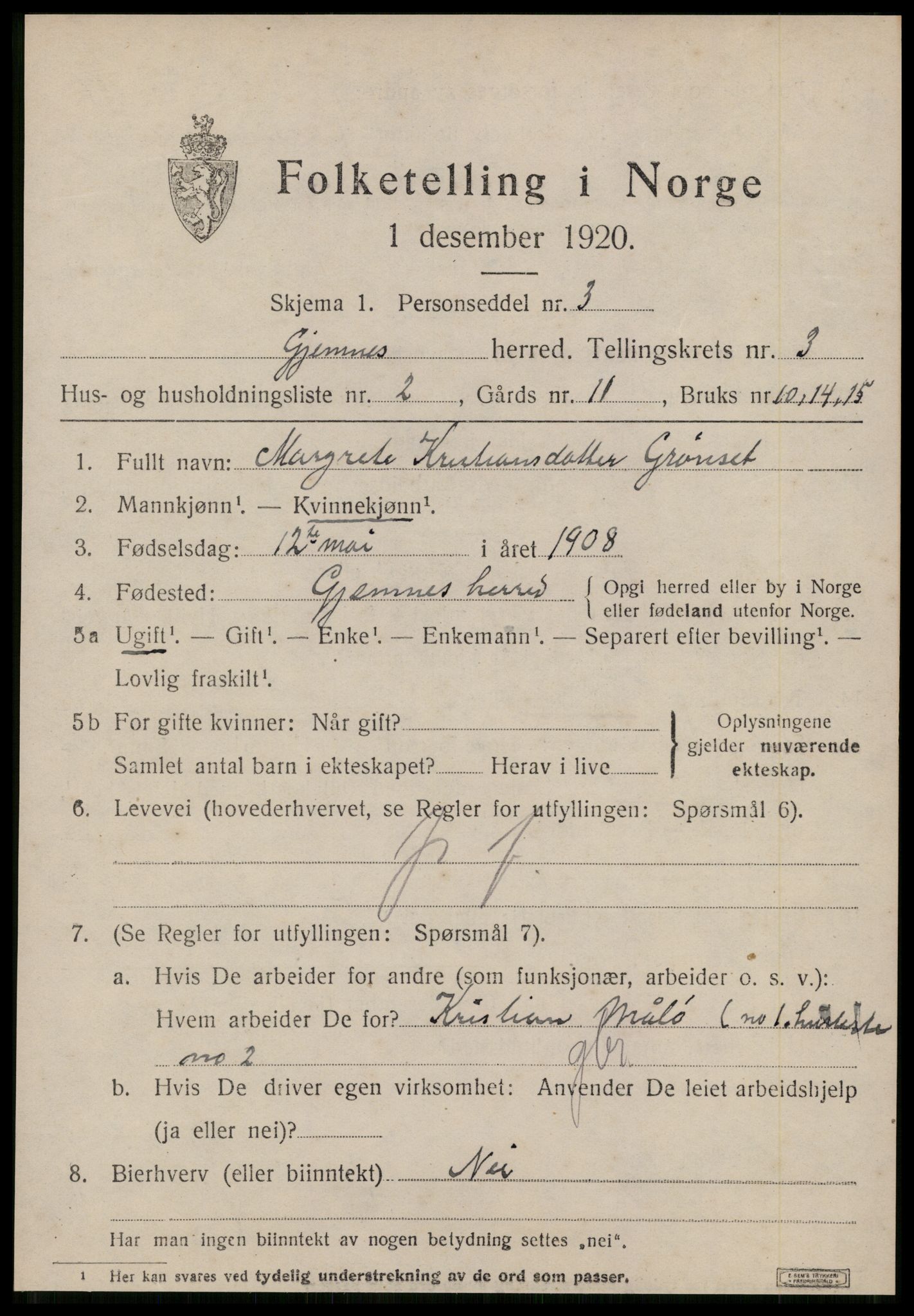 SAT, 1920 census for Gjemnes, 1920, p. 1212