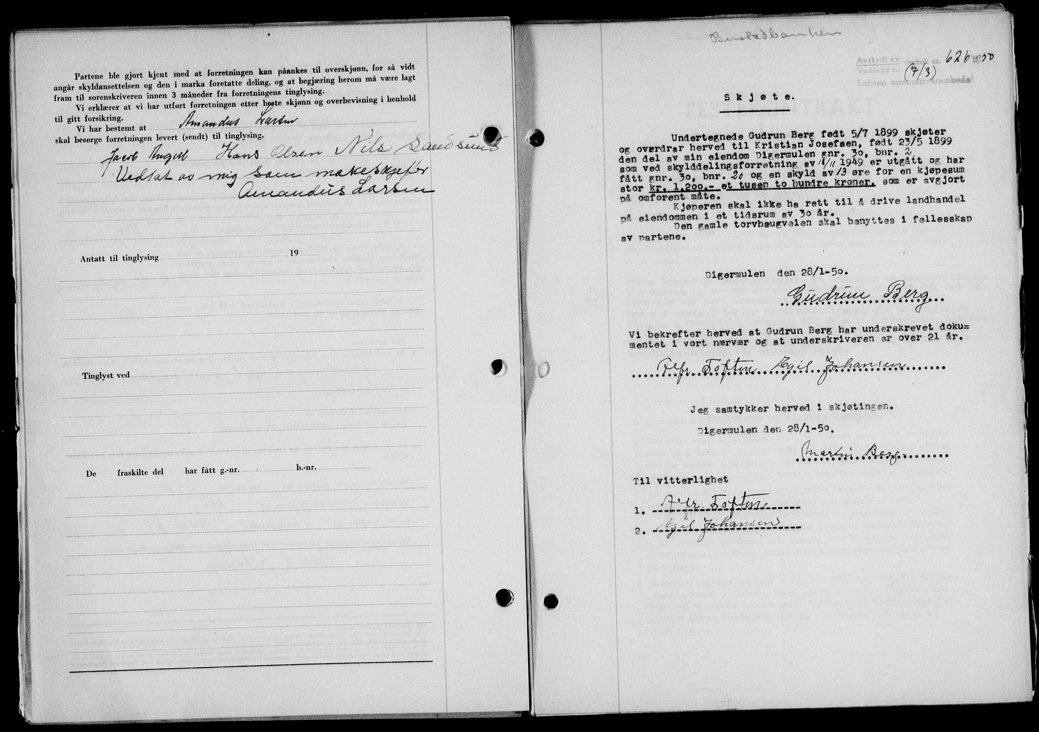 Lofoten sorenskriveri, SAT/A-0017/1/2/2C/L0023a: Mortgage book no. 23a, 1950-1950, Diary no: : 626/1950