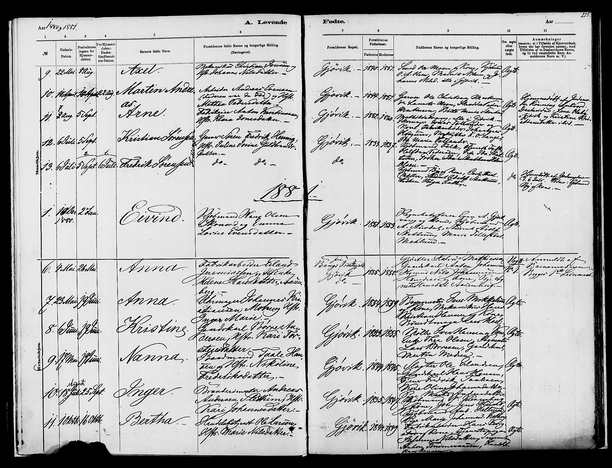 Vardal prestekontor, SAH/PREST-100/H/Ha/Haa/L0008: Parish register (official) no. 8, 1878-1890, p. 225