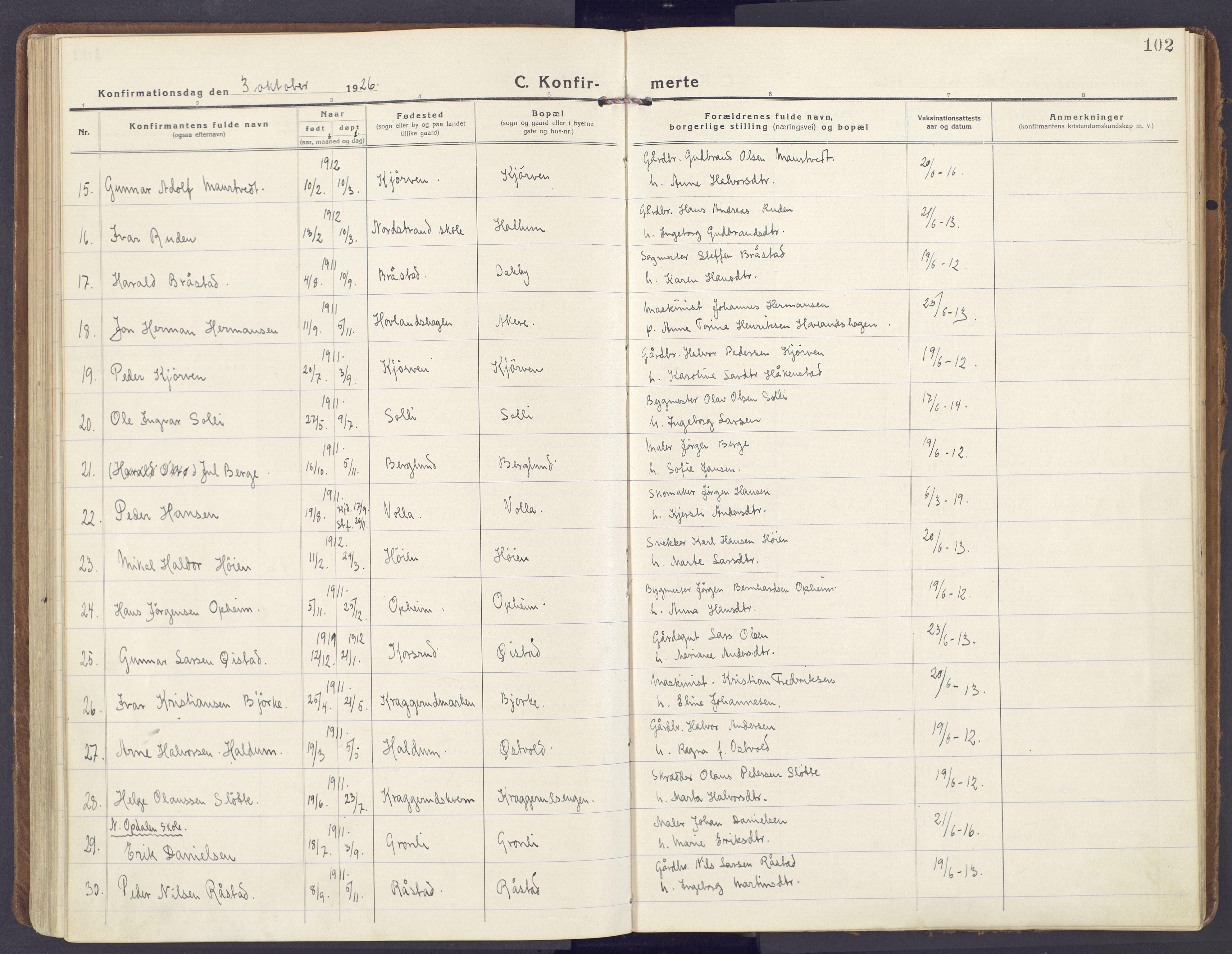 Lunner prestekontor, AV/SAH-PREST-118/H/Ha/Haa/L0002: Parish register (official) no. 2, 1922-1931, p. 102