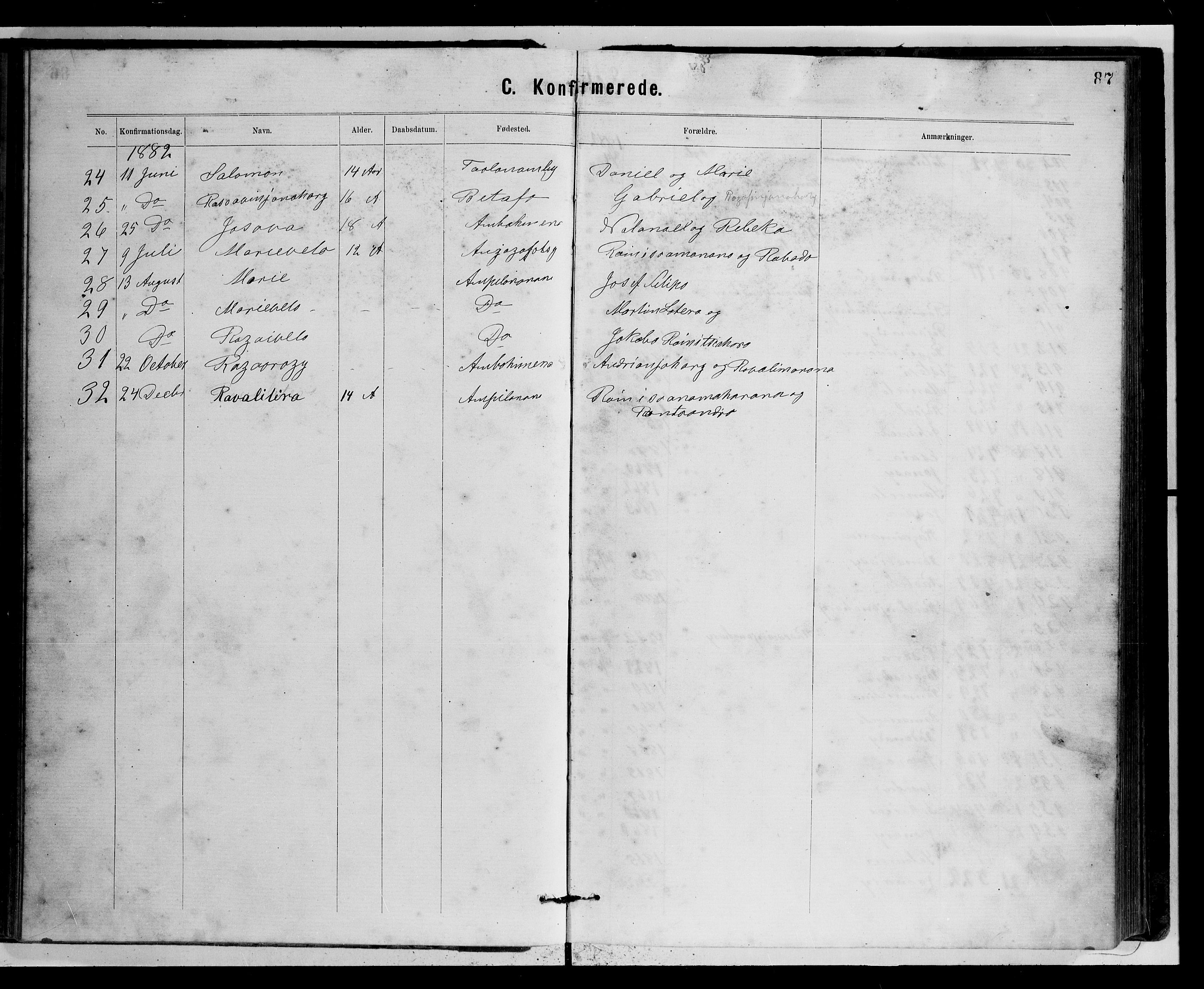 Archives FLM/NMS, Madagaskar, VID/MA-A-1163/D/Db/L0269: Parish register (official) no. 1, 1867-1884, p. 87