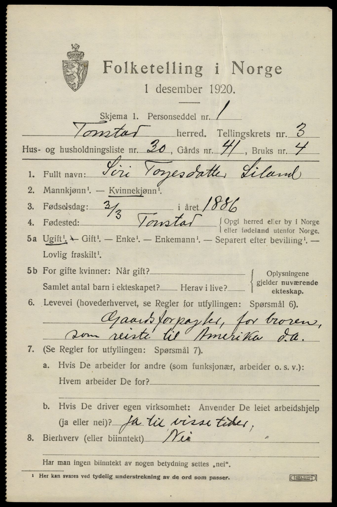 SAK, 1920 census for Tonstad, 1920, p. 1286