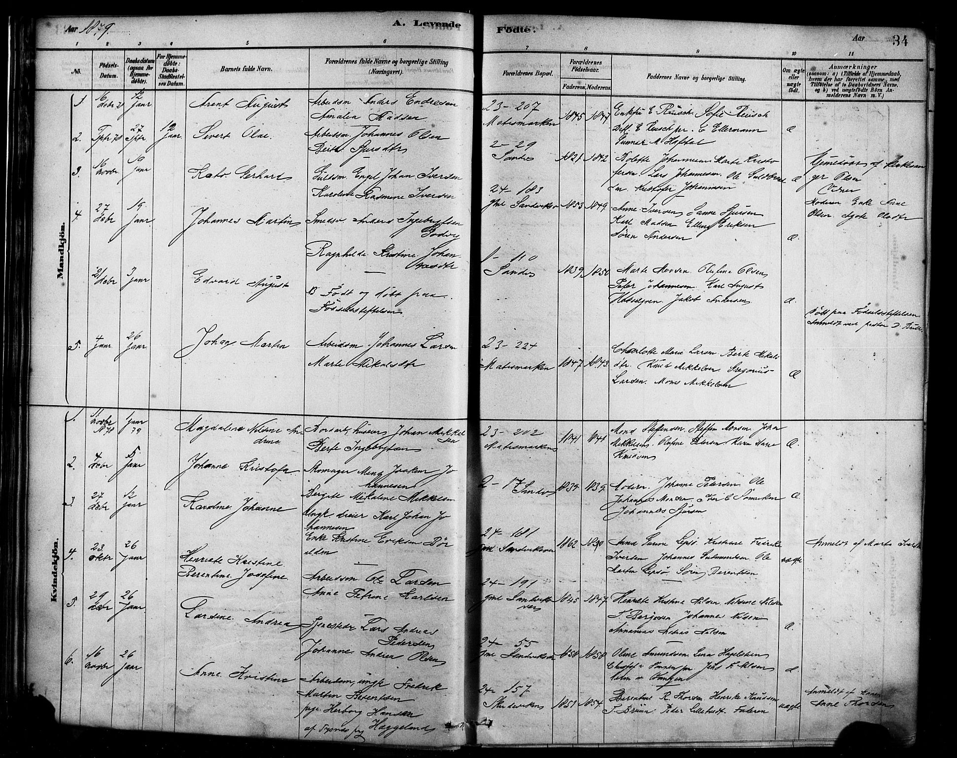 Sandviken Sokneprestembete, SAB/A-77601/H/Ha/L0004: Parish register (official) no. B 1, 1878-1891, p. 34