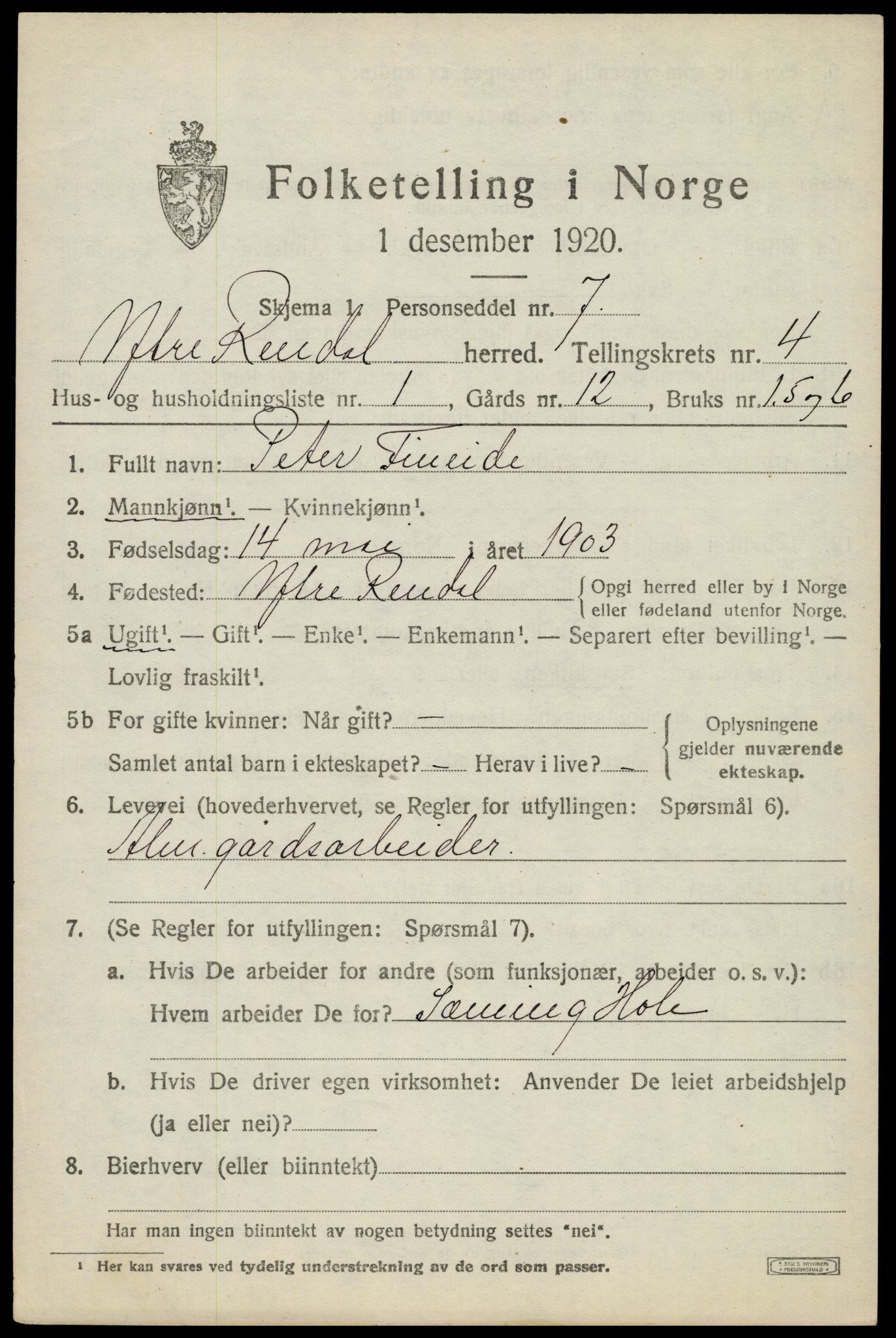 SAH, 1920 census for Ytre Rendal, 1920, p. 2061