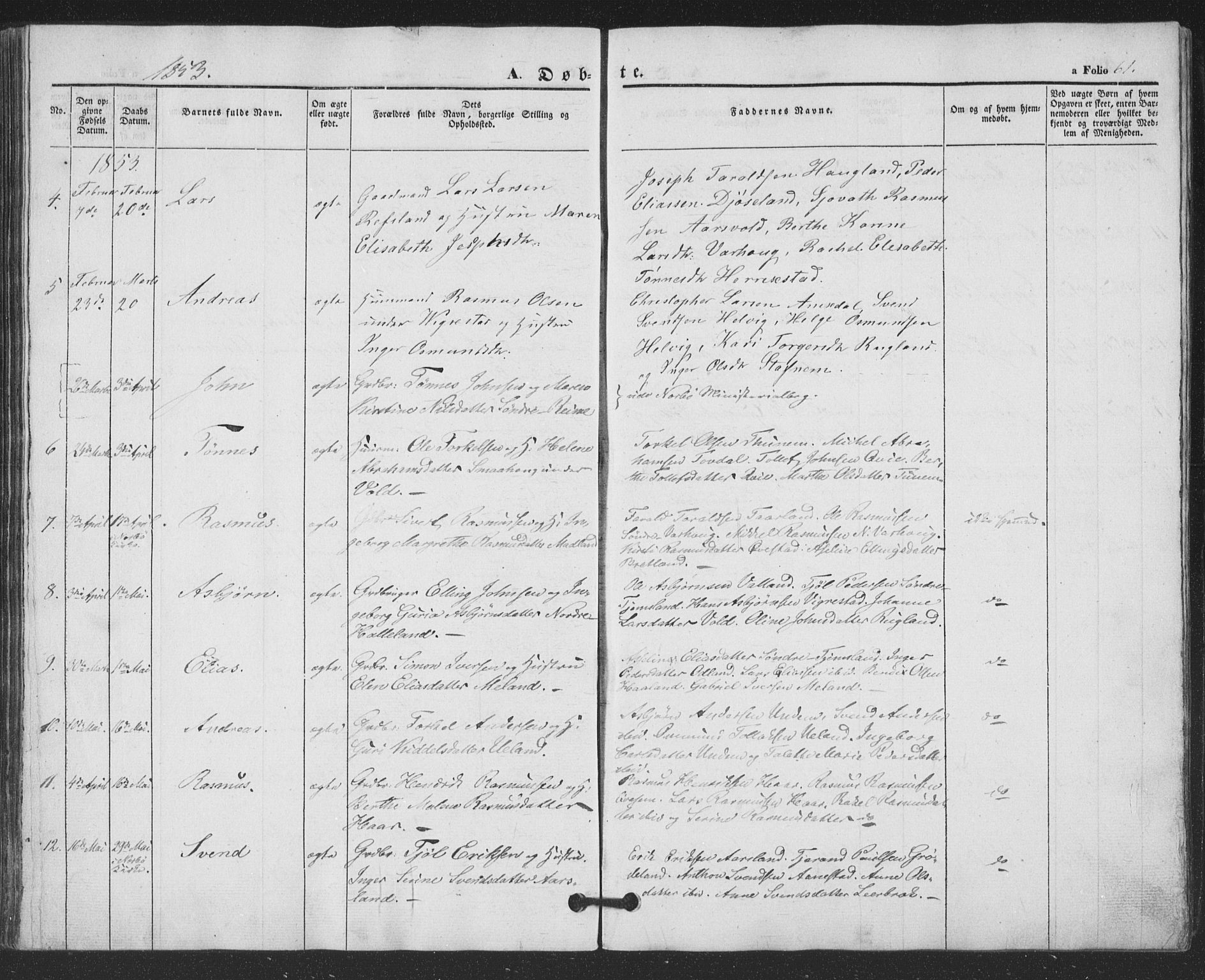 Hå sokneprestkontor, SAST/A-101801/001/30BA/L0007: Parish register (official) no. A 6, 1842-1855, p. 61