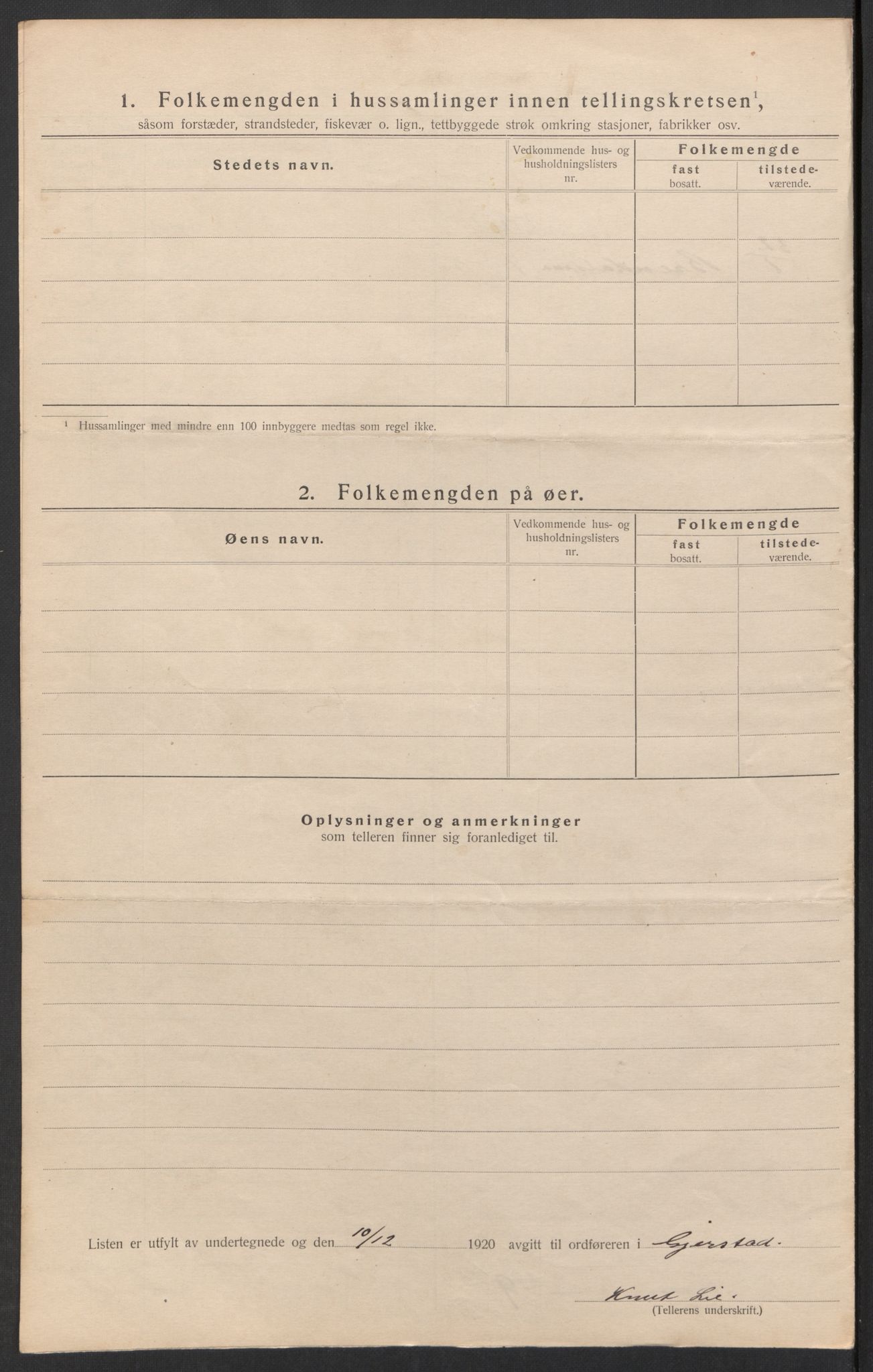 SAK, 1920 census for Gjerstad, 1920, p. 20