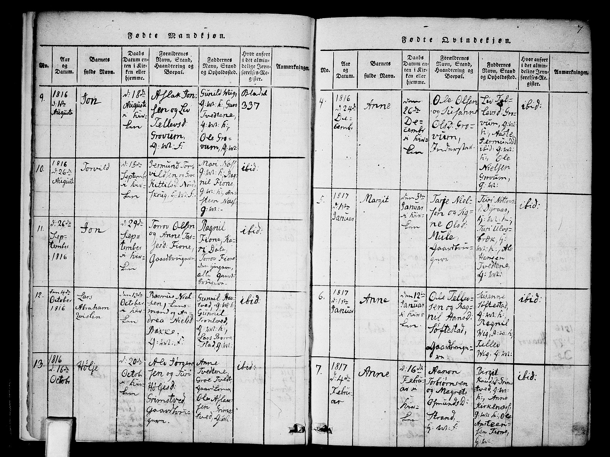 Nissedal kirkebøker, SAKO/A-288/F/Fa/L0002: Parish register (official) no. I 2, 1814-1845, p. 7