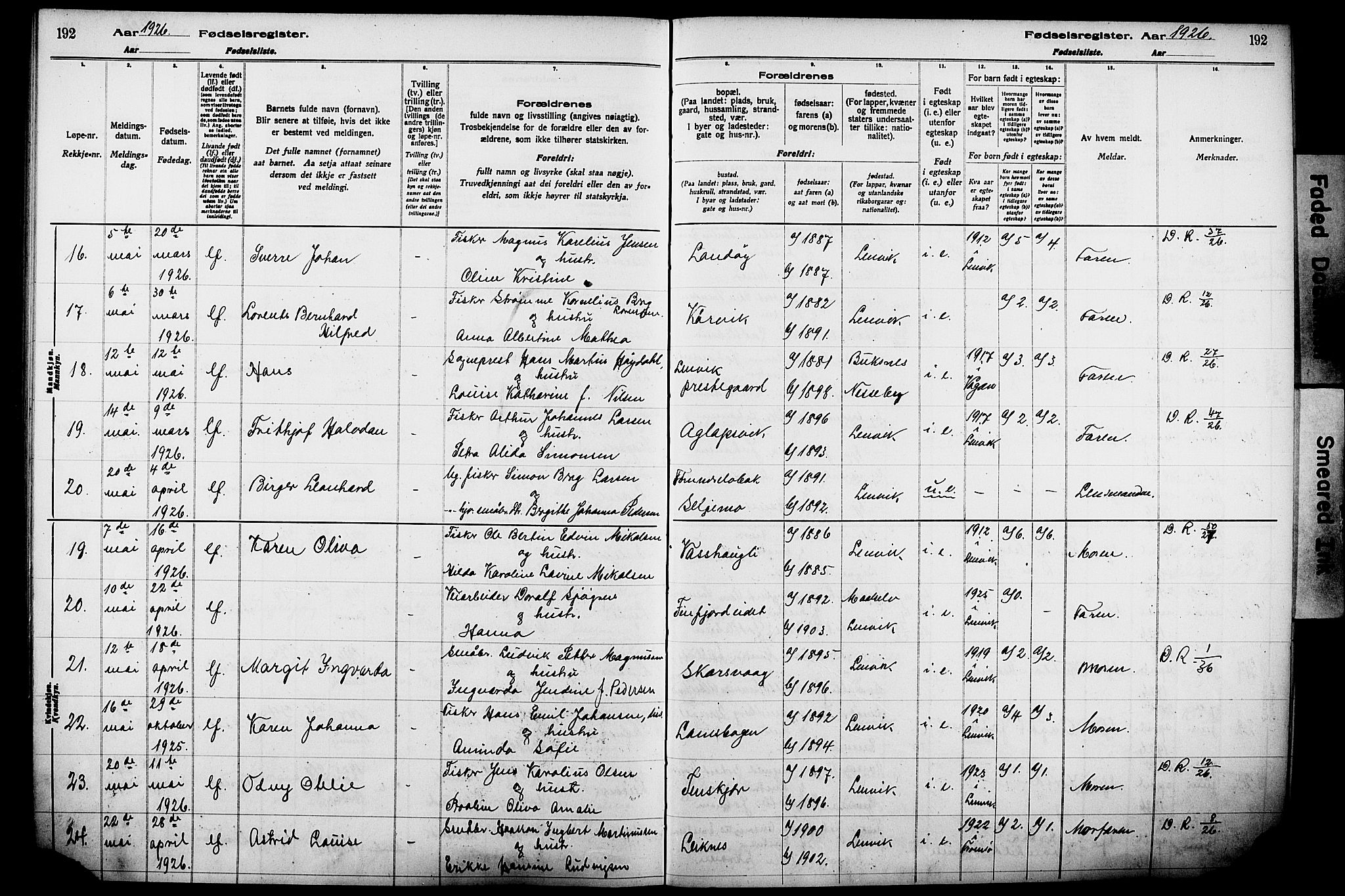 Lenvik sokneprestembete, AV/SATØ-S-1310/I/Ic/L0089: Birth register no. 89, 1916-1926, p. 192