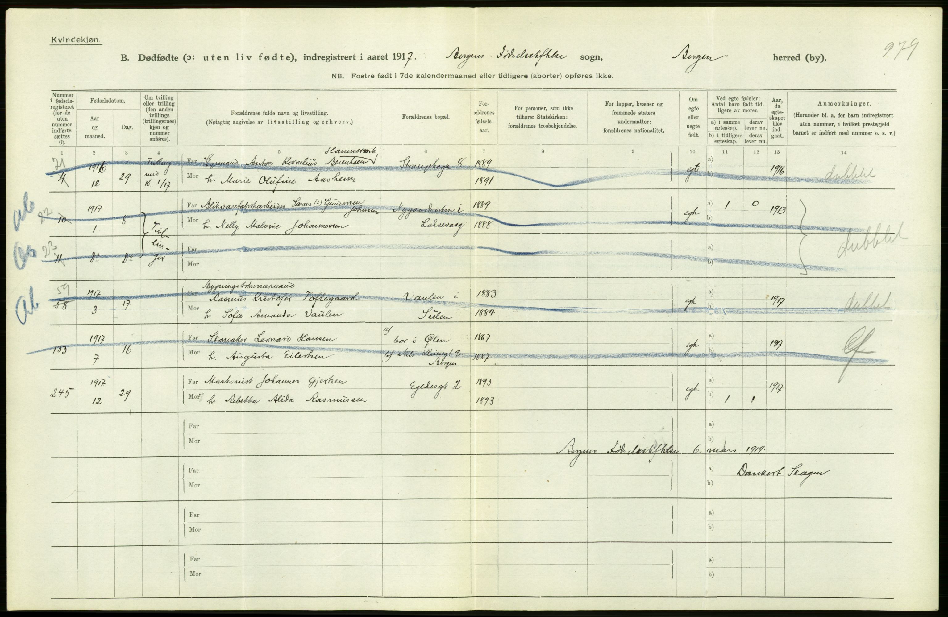 Statistisk sentralbyrå, Sosiodemografiske emner, Befolkning, AV/RA-S-2228/D/Df/Dfb/Dfbg/L0038: Bergen: Gifte, døde, dødfødte., 1917, p. 358