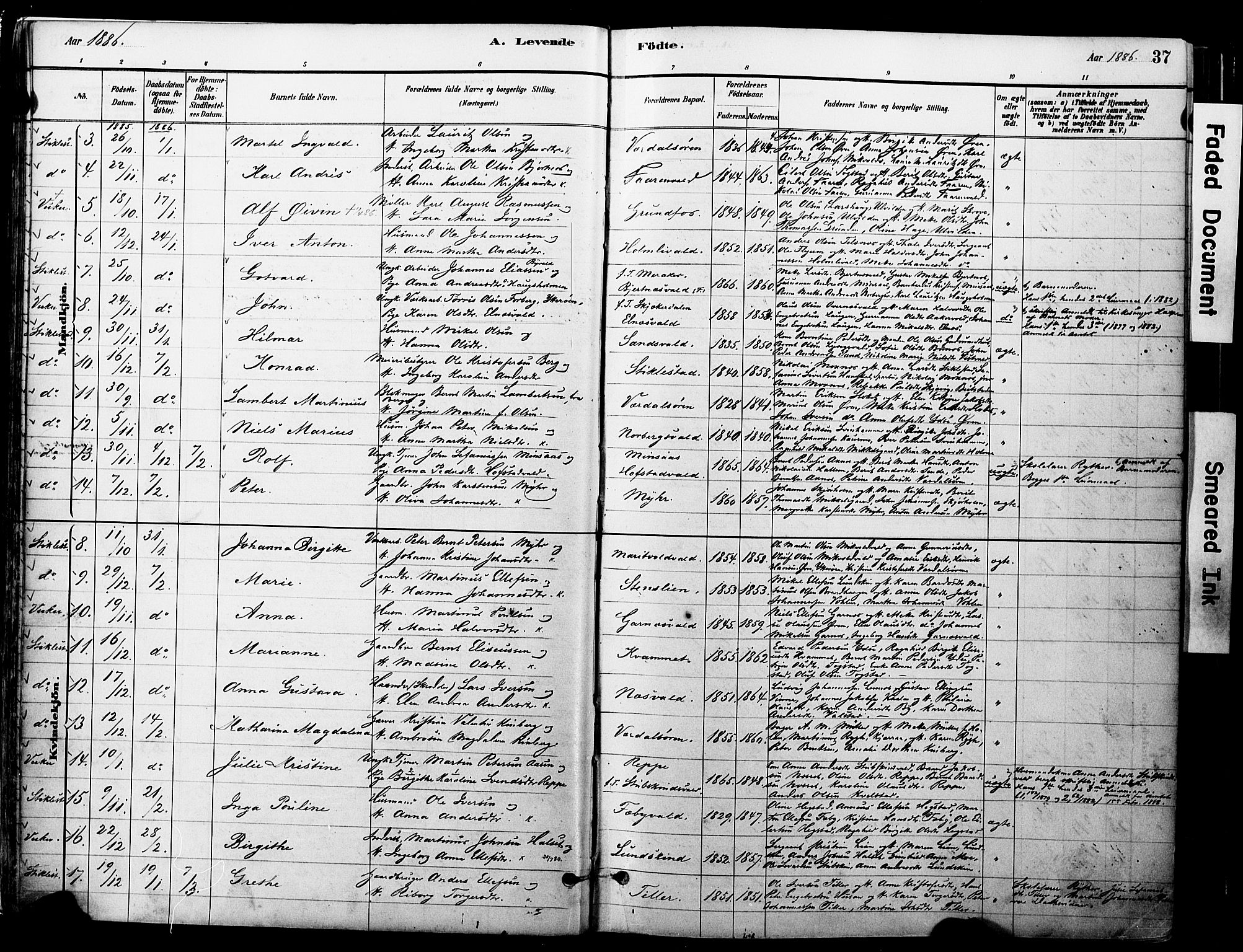 Ministerialprotokoller, klokkerbøker og fødselsregistre - Nord-Trøndelag, AV/SAT-A-1458/723/L0244: Parish register (official) no. 723A13, 1881-1899, p. 37