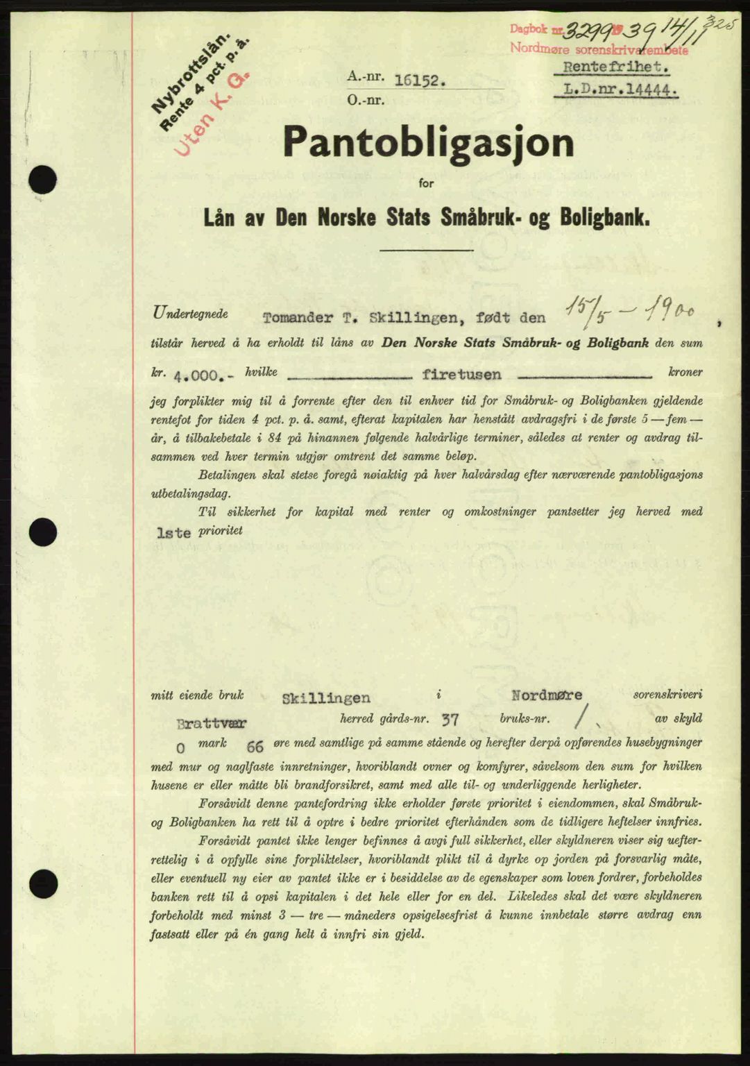 Nordmøre sorenskriveri, AV/SAT-A-4132/1/2/2Ca: Mortgage book no. B86, 1939-1940, Diary no: : 3299/1939