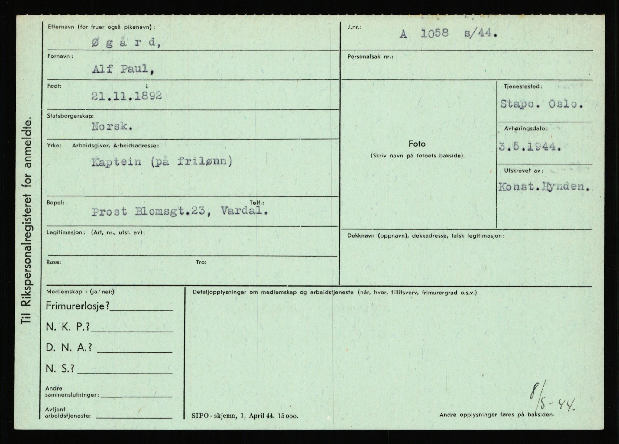 Statspolitiet - Hovedkontoret / Osloavdelingen, AV/RA-S-1329/C/Ca/L0016: Uberg - Øystese, 1943-1945, p. 3481