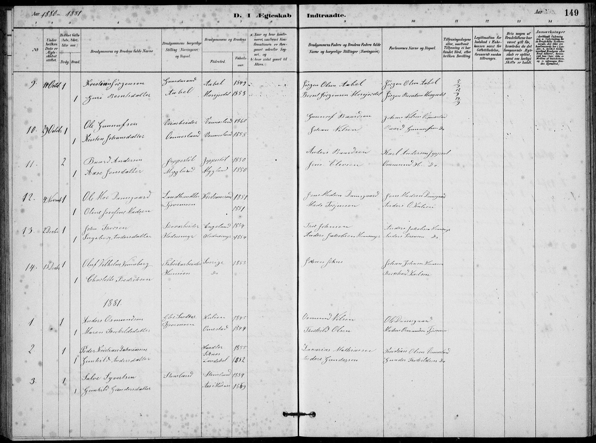 Vennesla sokneprestkontor, SAK/1111-0045/Fb/Fbb/L0003: Parish register (copy) no. B 3, 1879-1893, p. 149