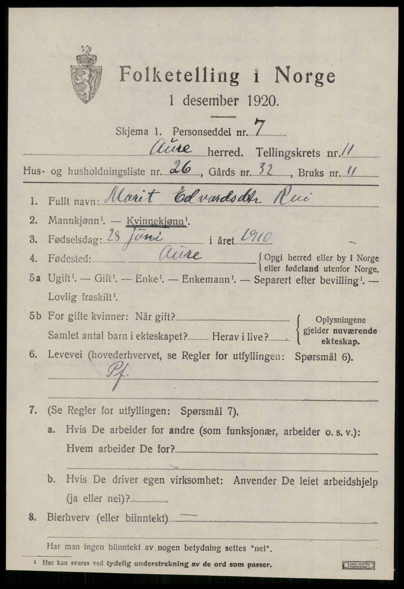 SAT, 1920 census for Aure, 1920, p. 4540