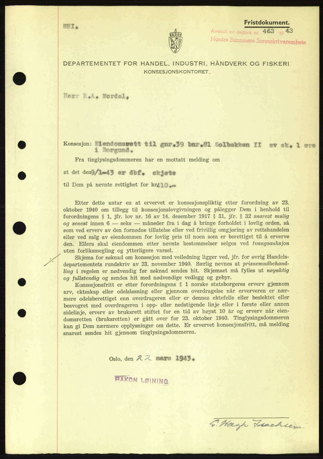 Nordre Sunnmøre sorenskriveri, SAT/A-0006/1/2/2C/2Ca: Mortgage book no. B6-14 a, 1942-1945, Diary no: : 463/1943